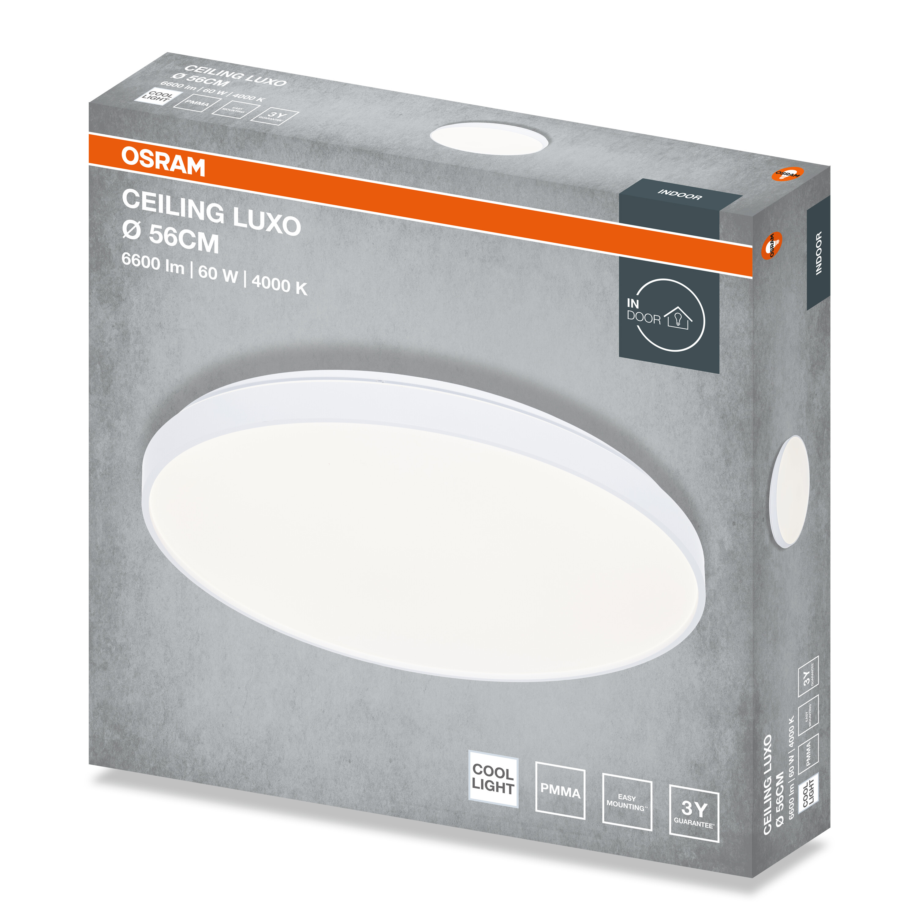 Osram Ceiling Luxo LED mennyezeti lámpa csomagolása, 56 cm, termékképpel és adatokkal szürke háttéren.