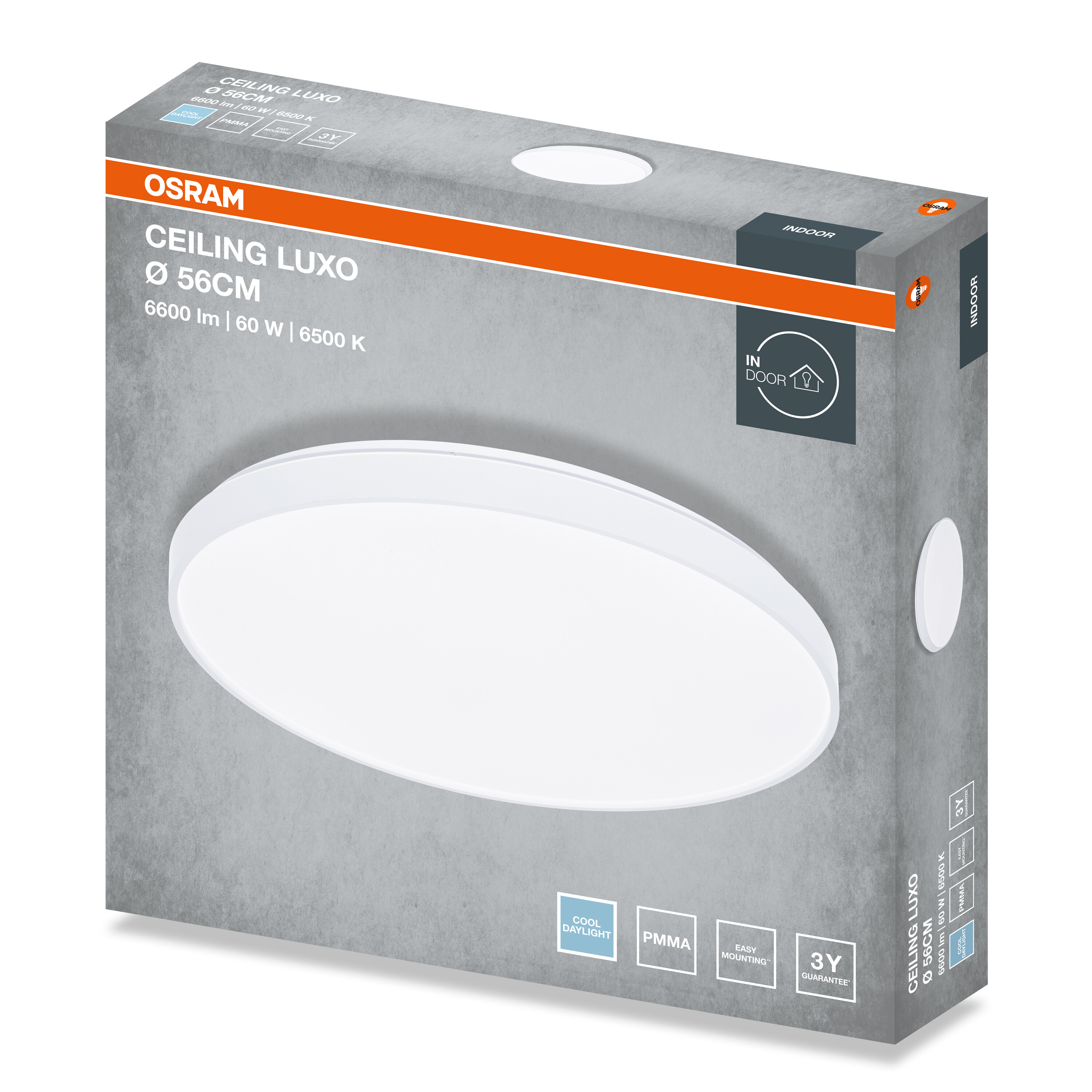 Szürke termékdoboz az Osram Ceiling Luxo LED mennyezeti lámpához, 56 cm átmérővel.