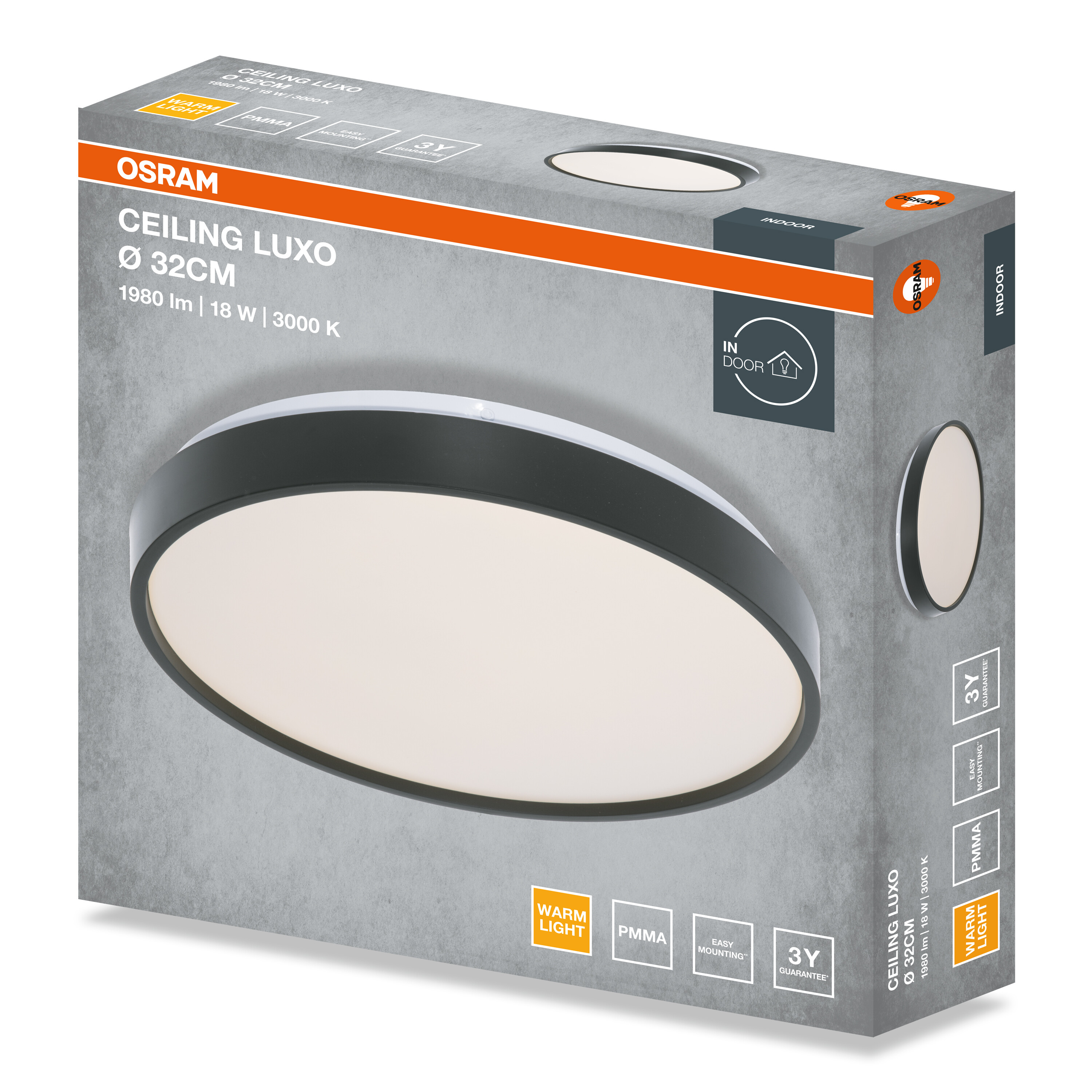 Szürke Osram Ceiling Luxo csomagolás termékképpel és adatokkal.
