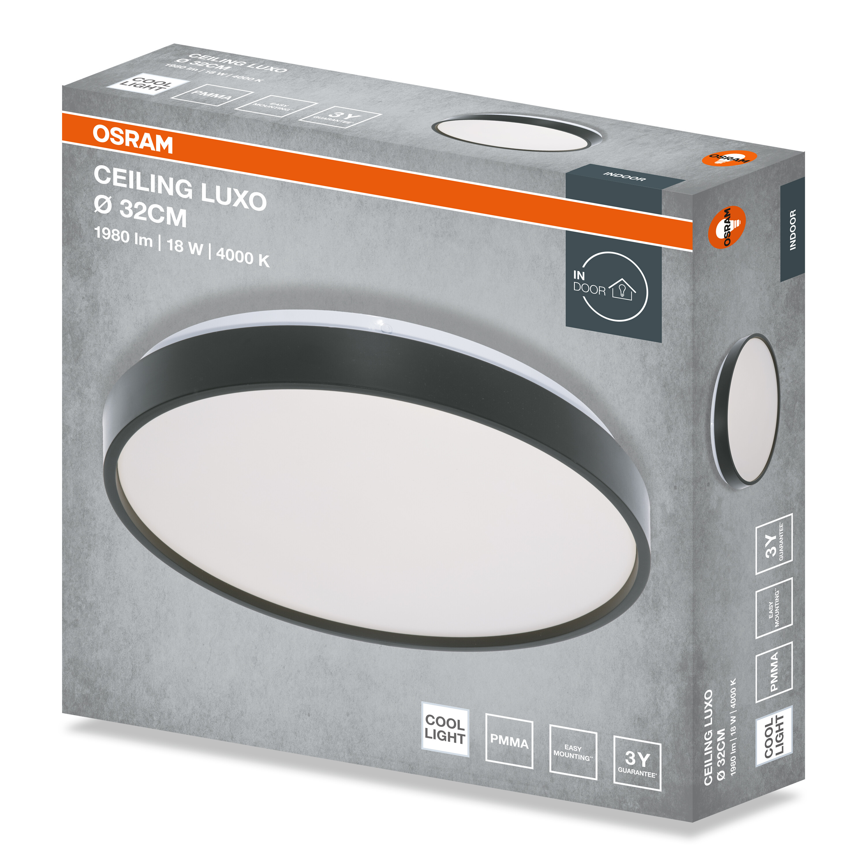 Osram Ceiling Luxo LED lámpa doboz kerek fekete-fehér lámpatesttel, műszaki adatokkal.