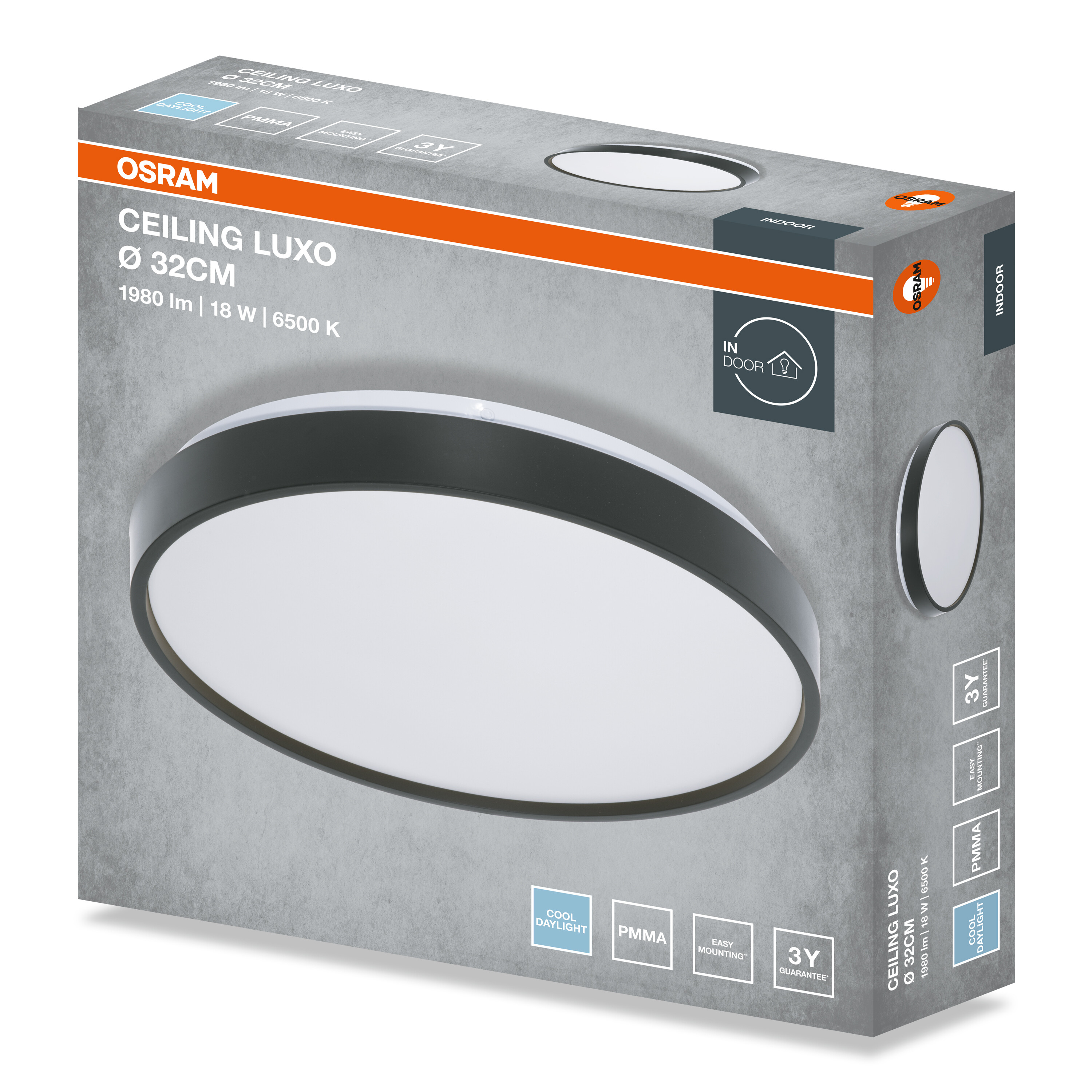 Az Osram Ceiling Luxo LED mennyezeti lámpa csomagolása, 32 cm átmérővel és szürke elemekkel.
