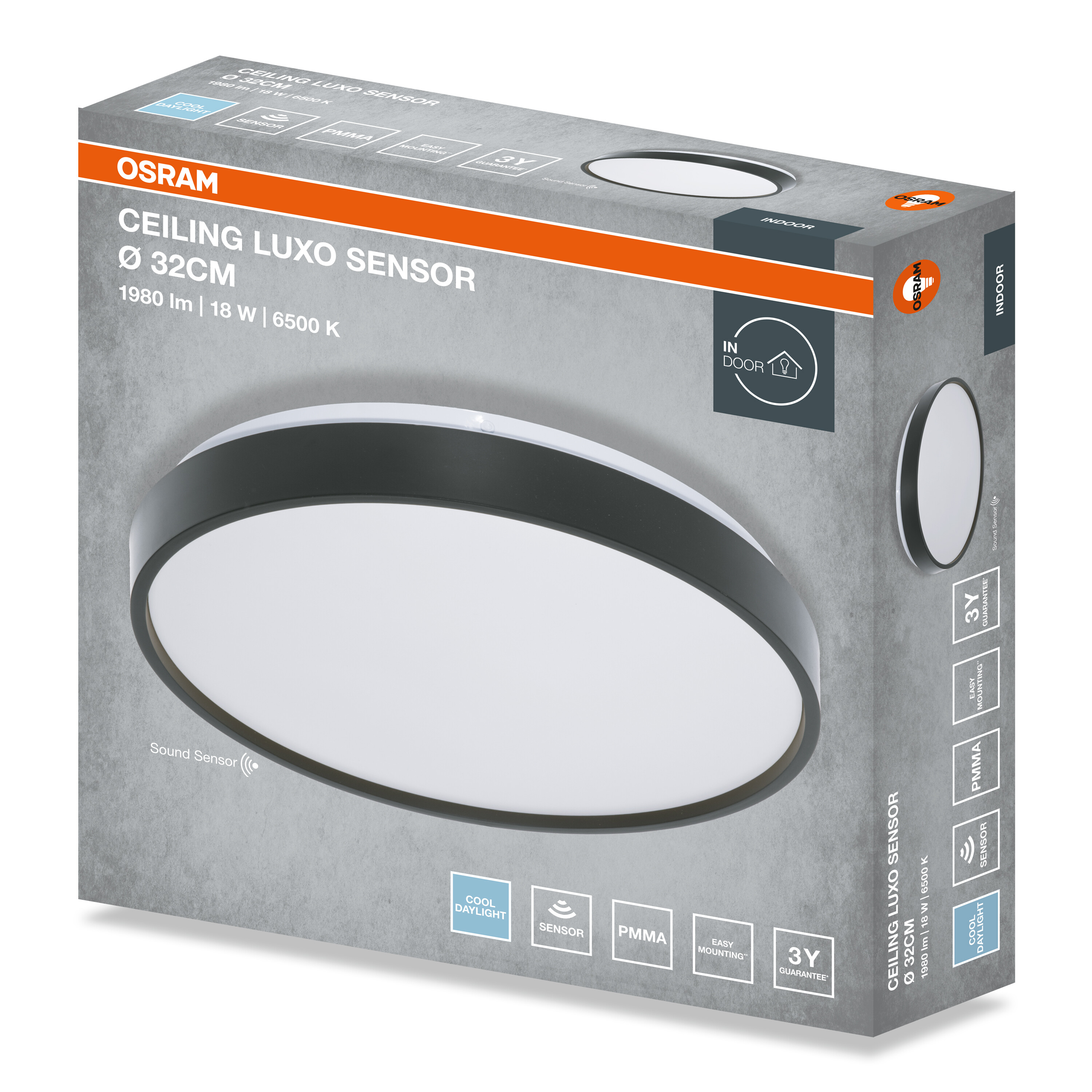 Osram mennyezeti lámpa doboz kör alakú lámpával, érzékelő adatokkal és narancs-szürke dizájnnal.