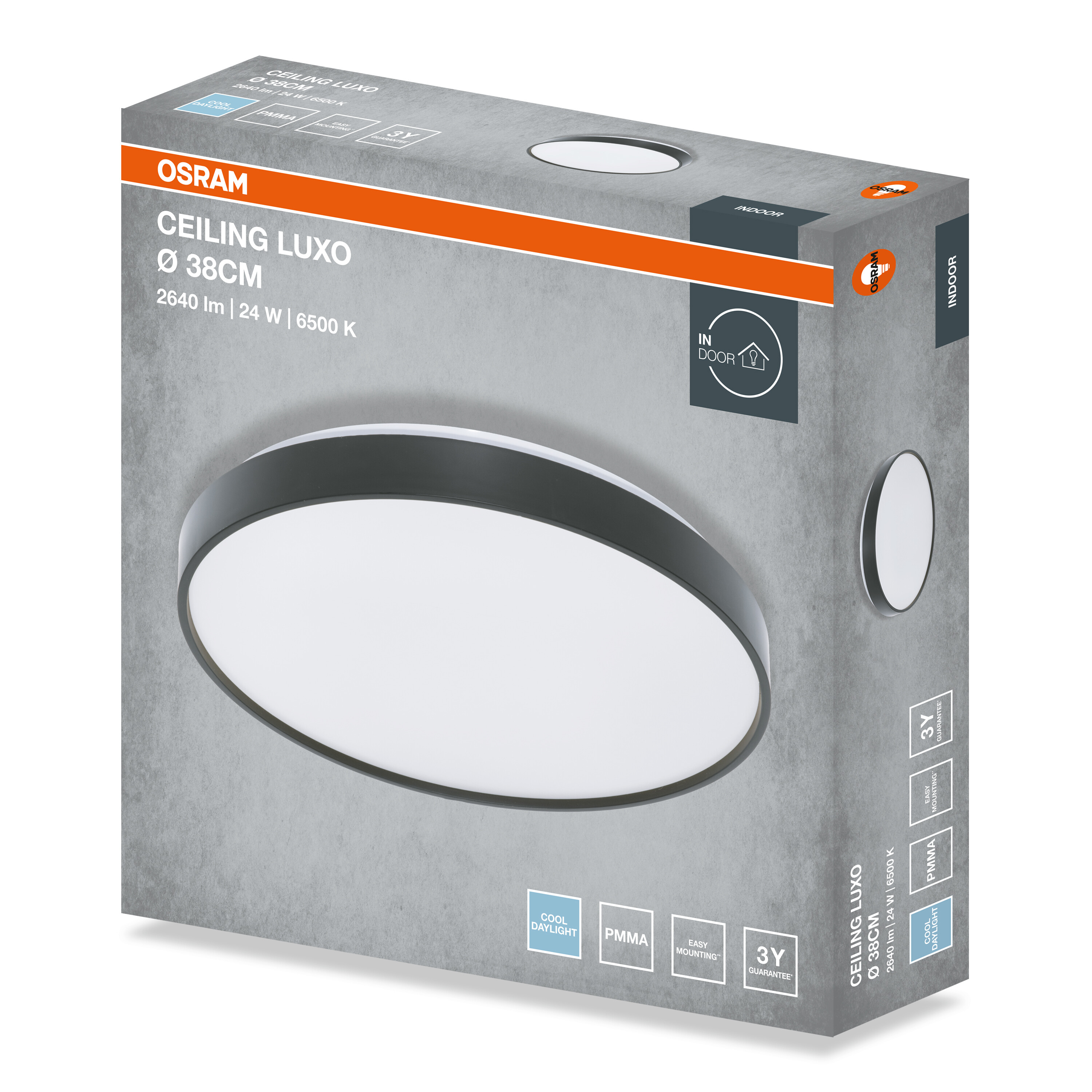 Az Osram Ceiling Luxo LED mennyezeti lámpa (38 cm) csomagolása fehér fénnyel és műszaki adatokkal szürke dobozon.
