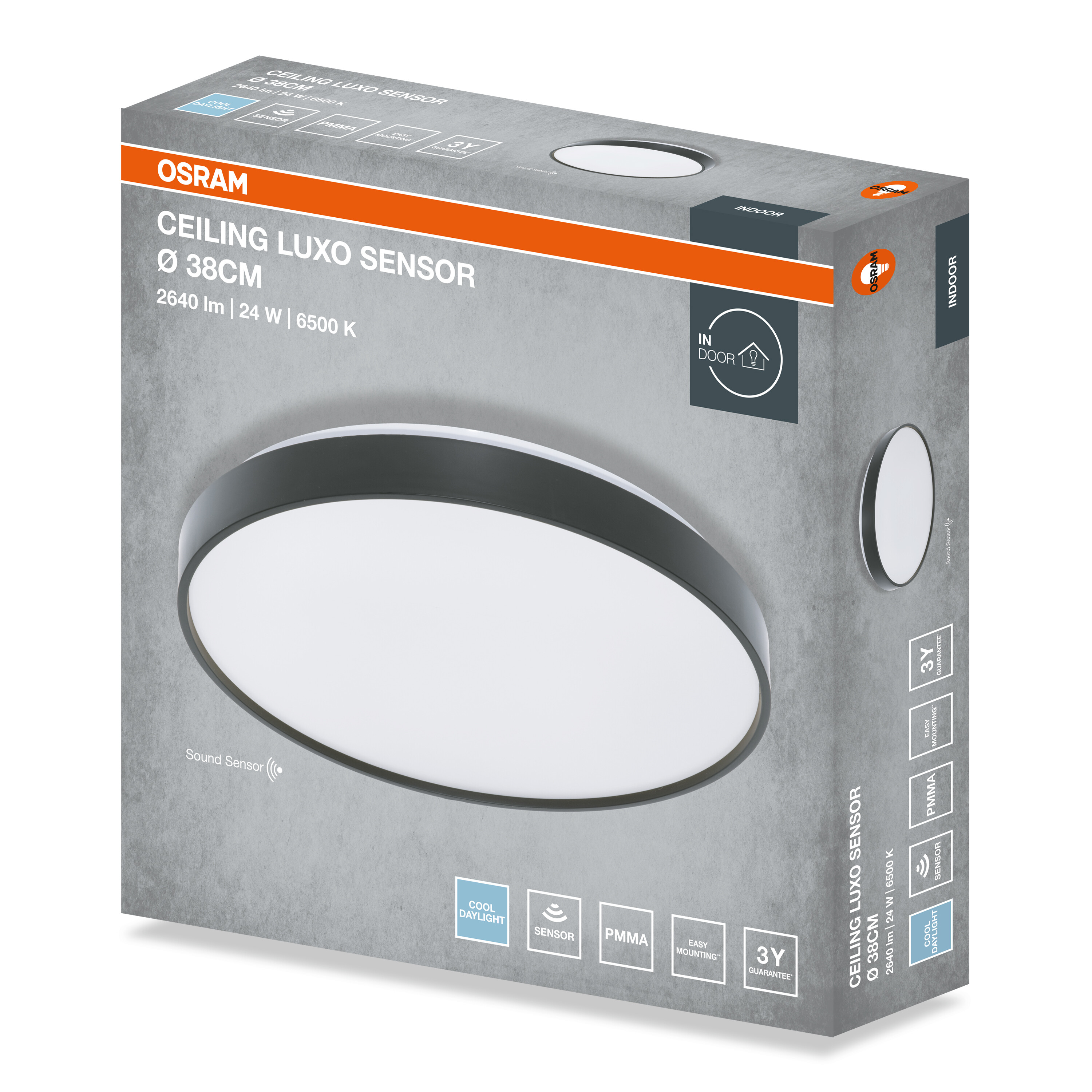 Osram Ceiling Luxo Sensor 38cm LED lámpa doboza, szürke, narancs sávval és termékképpel.