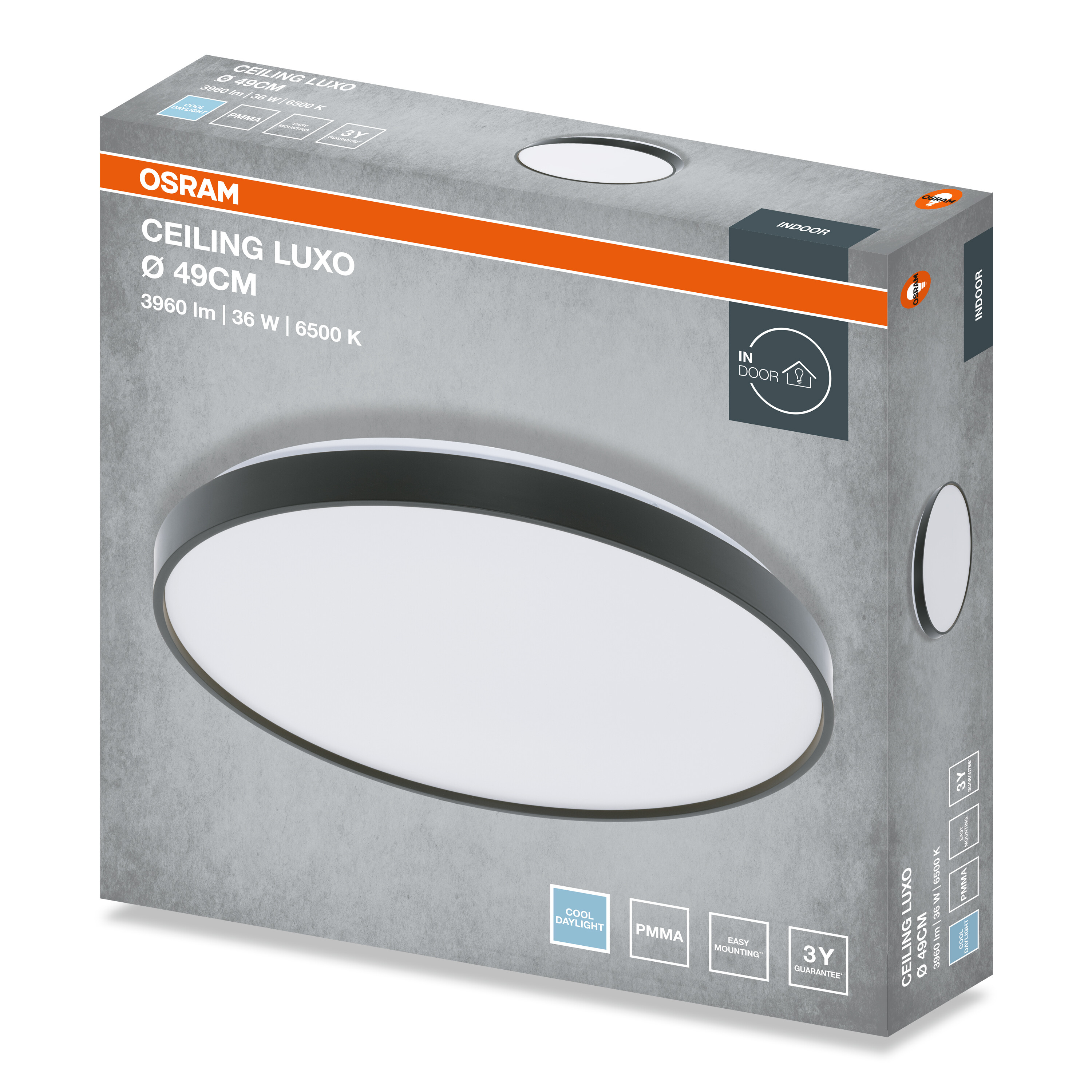 Osram Ceiling Luxo lámpa csomagolása termékadatokkal és a kerek lámpa képével.
