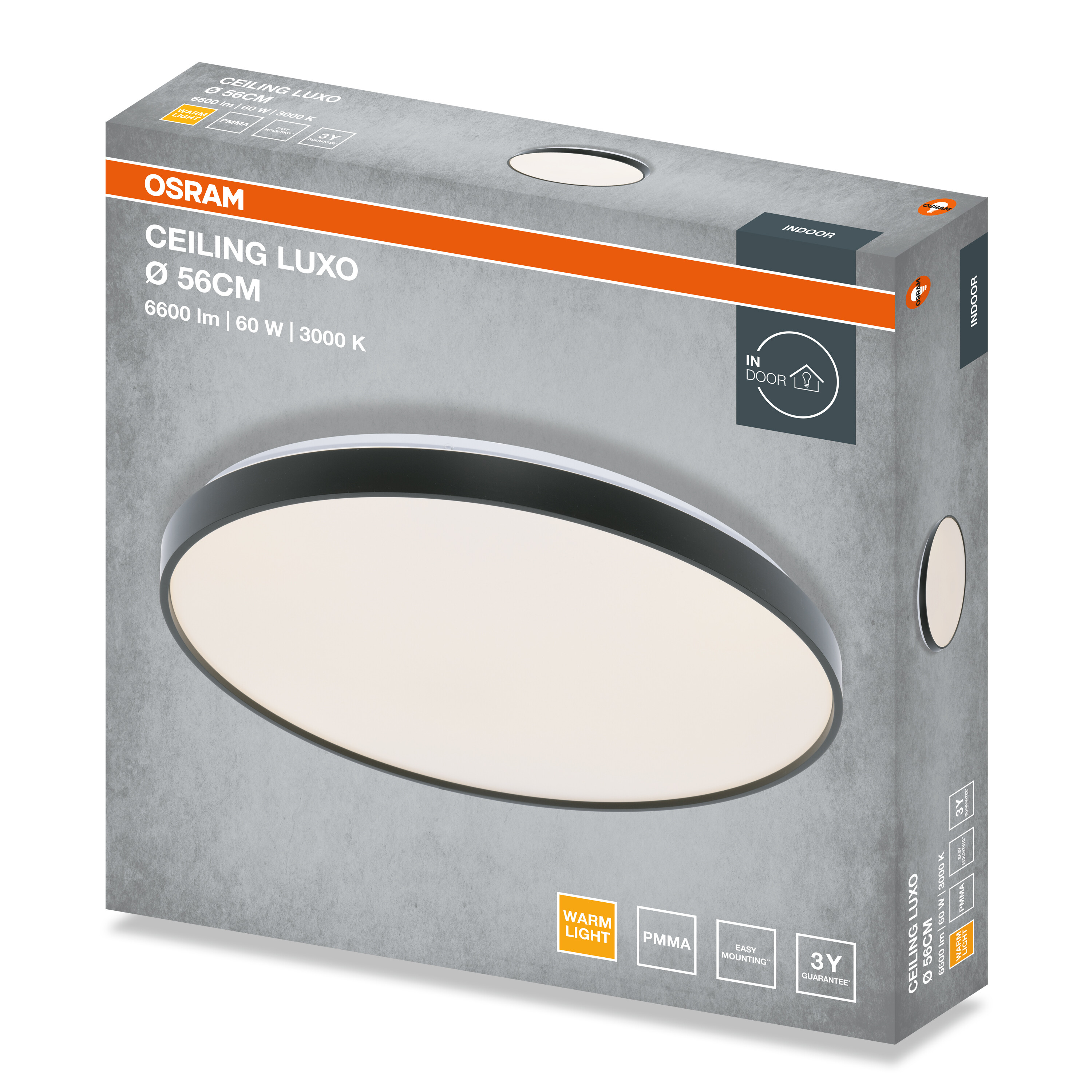 Szürke Osram Ceiling Luxo csomagolás termékképpel, narancssárga csíkkal és műszaki adatokkal.