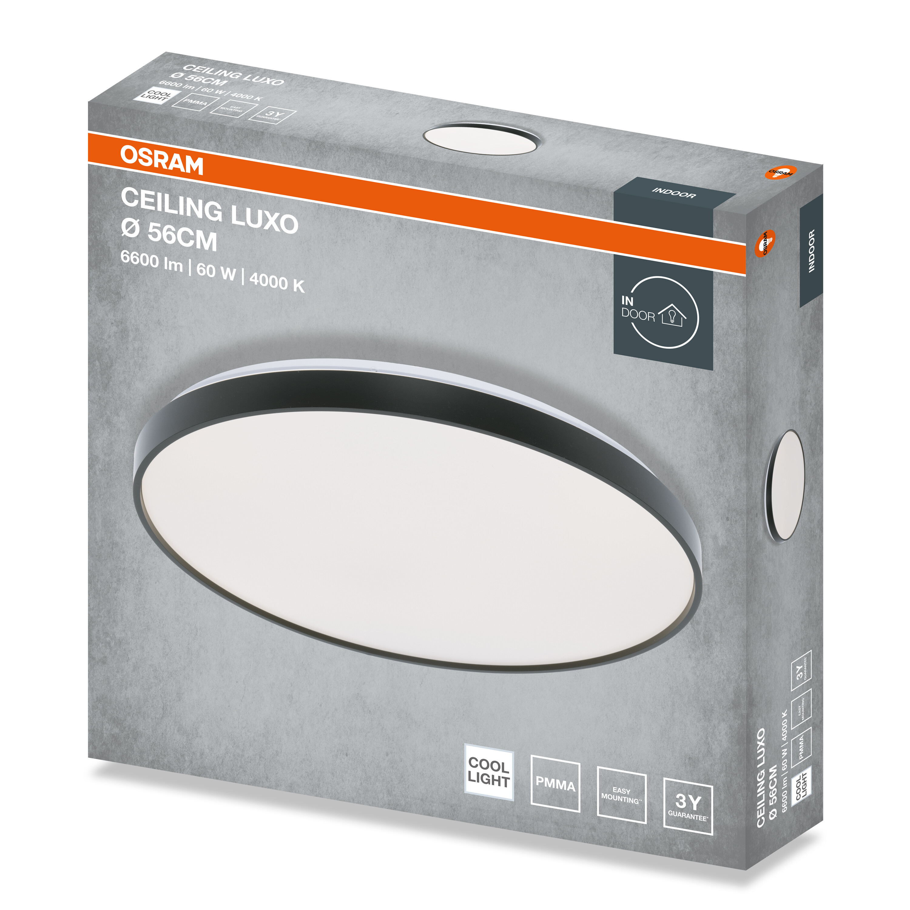 Szürke Osram Ceiling Luxo csomagolás kerek fekete mennyezeti lámpával és termékadatokkal.