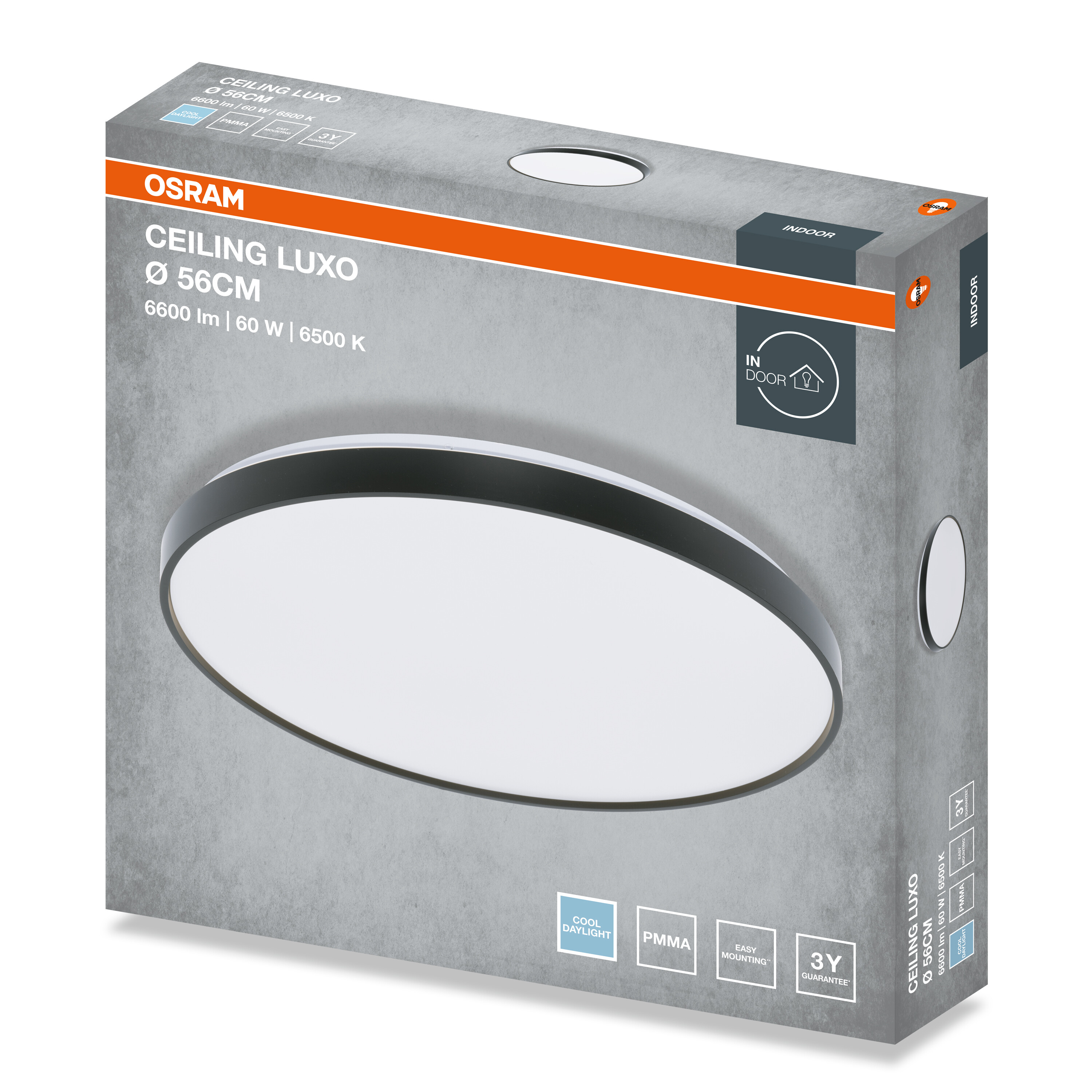 Osram Ceiling Luxo LED mennyezeti lámpa csomagolás, szürke narancssárga sávval és kerek lámpa illusztrációval.