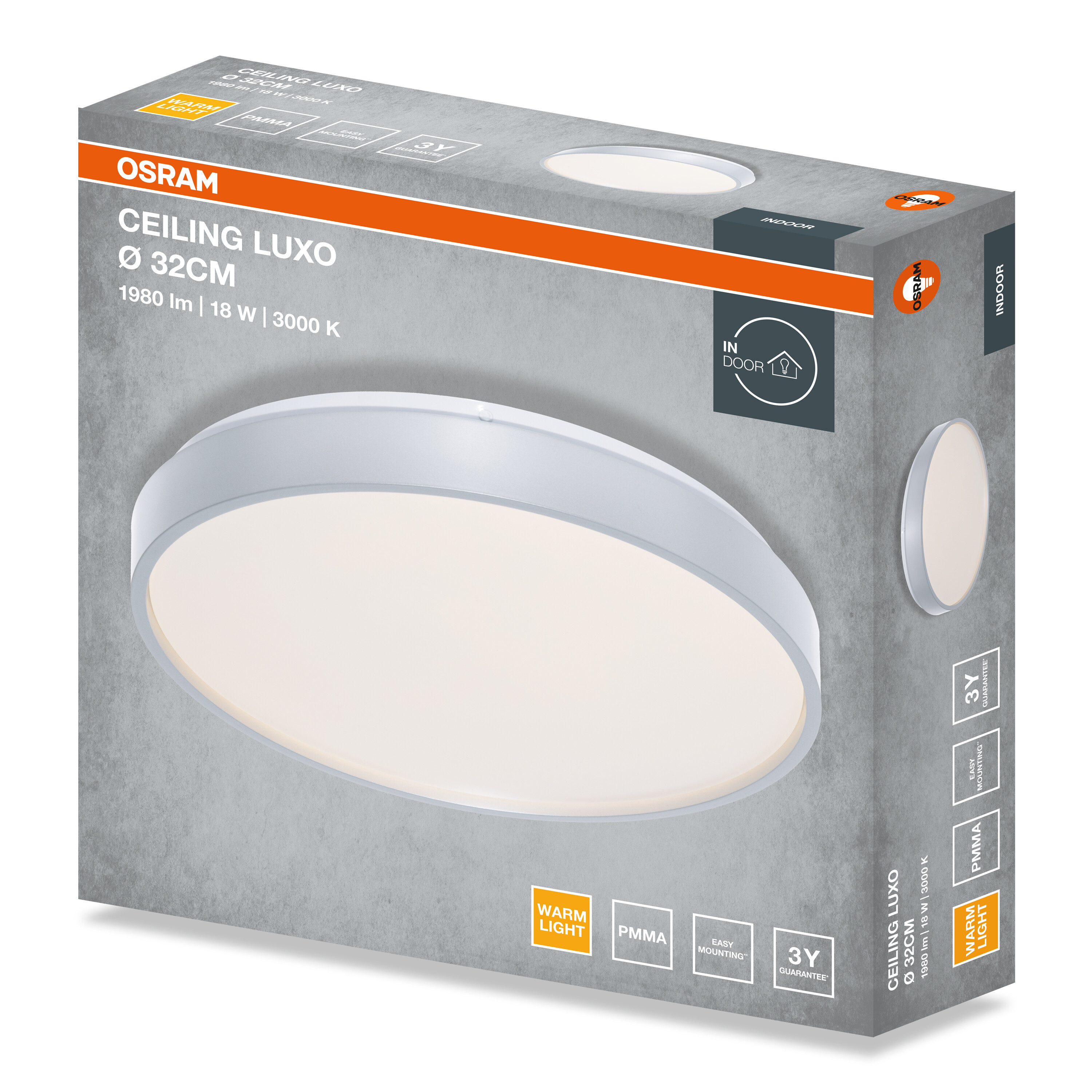 Szürke Osram Ceiling Luxo LED mennyezeti lámpa csomagolás termékképpel és adatokkal.