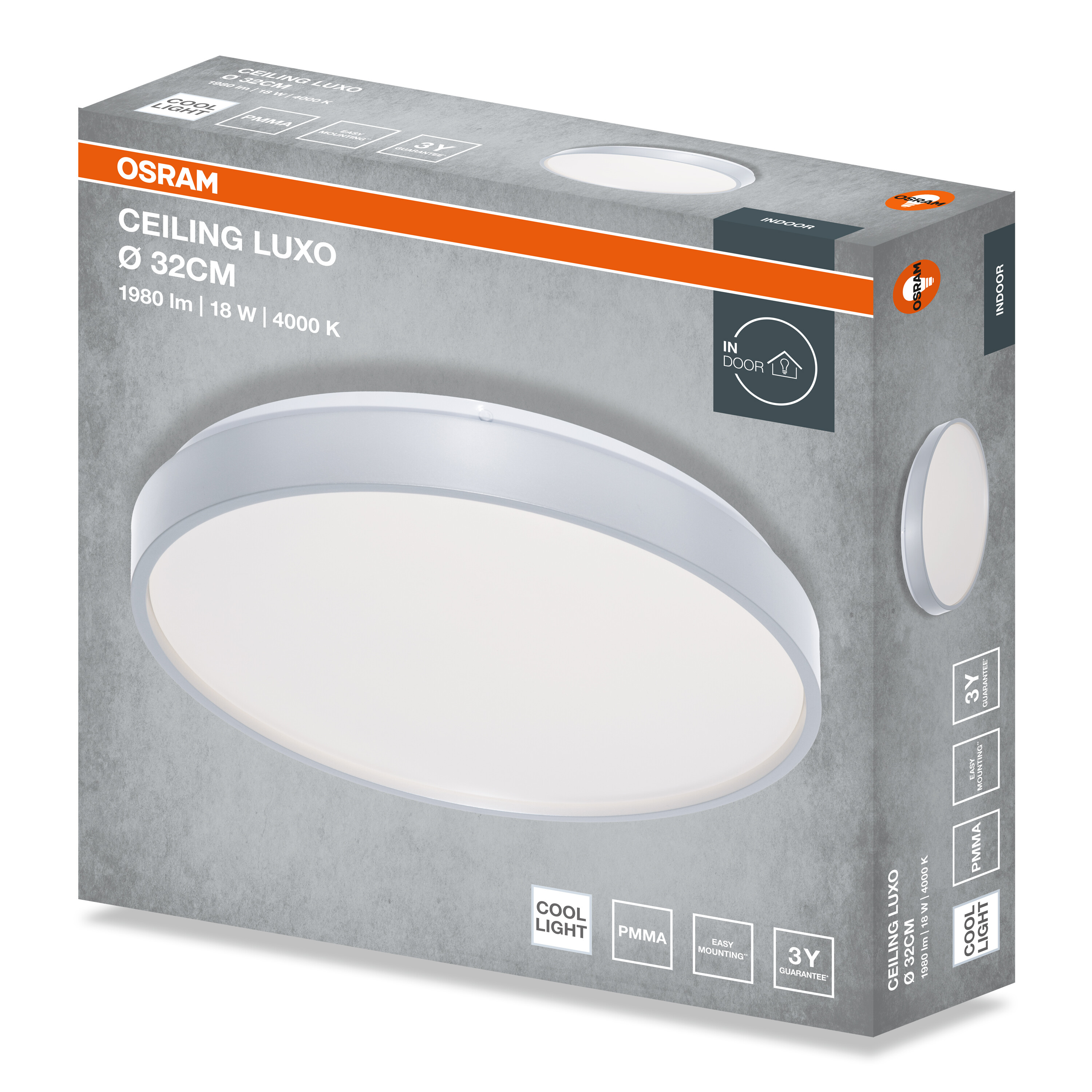 Szürke Osram Ceiling Luxo LED mennyezeti lámpa csomagolás termékképpel.