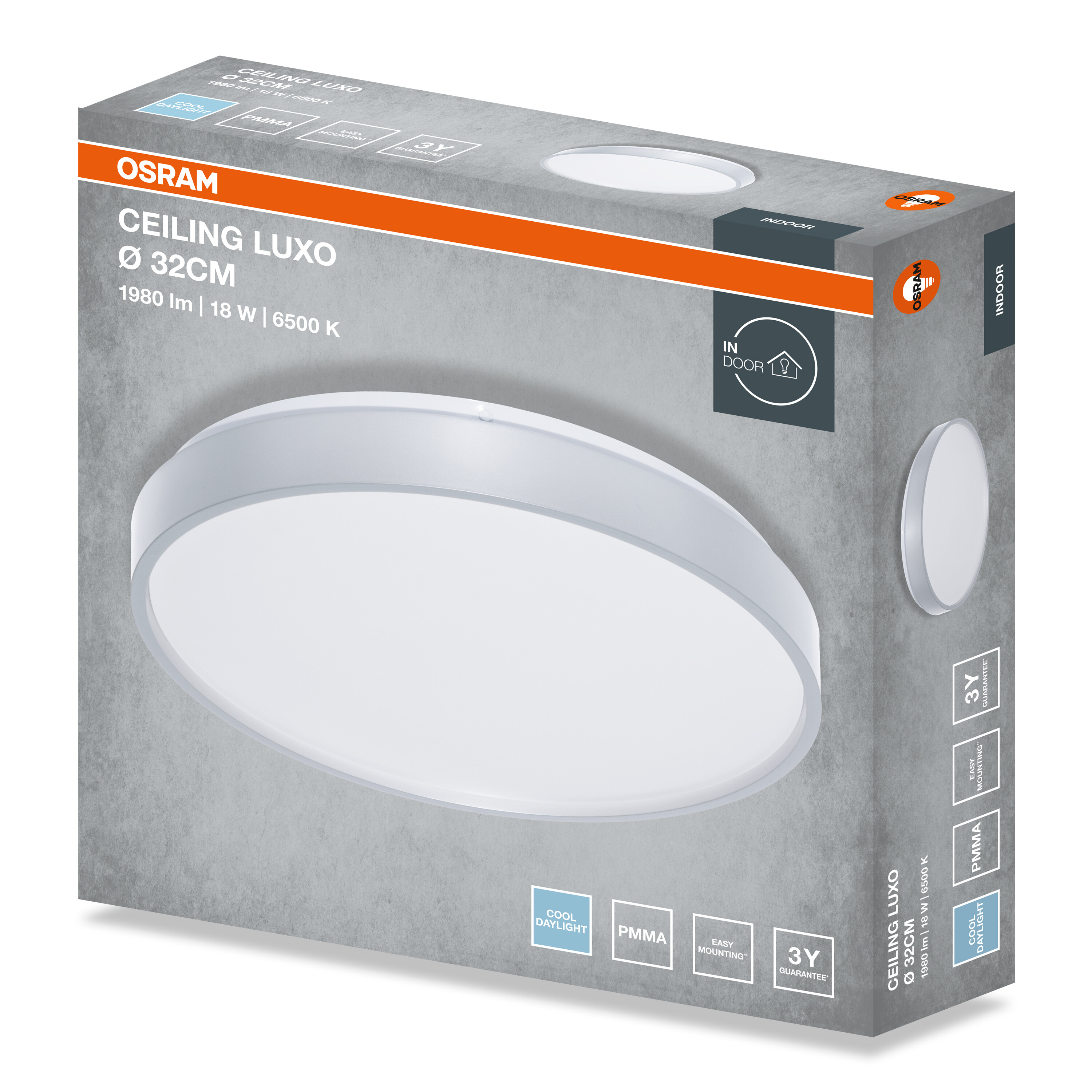 Szürke és fehér Osram Ceiling Luxo LED mennyezeti lámpa csomagolás adatokkal.