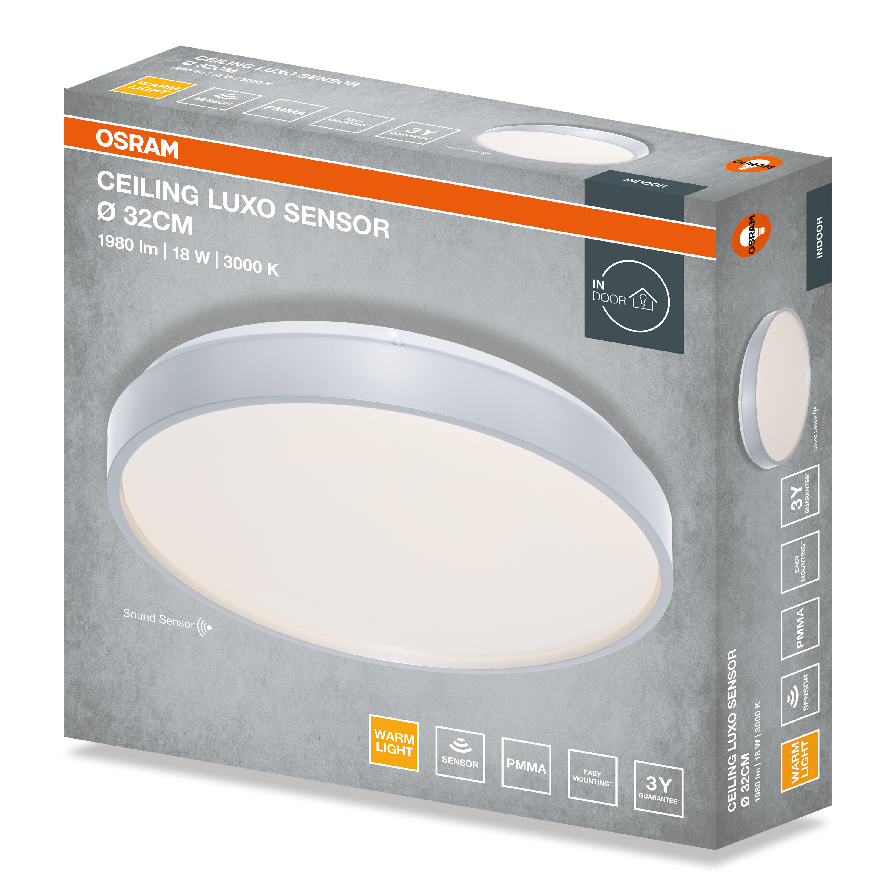 Osram Ceiling Luxo Sensor termékdoboz, amely egy kerek, fehér LED mennyezeti lámpát mutat.