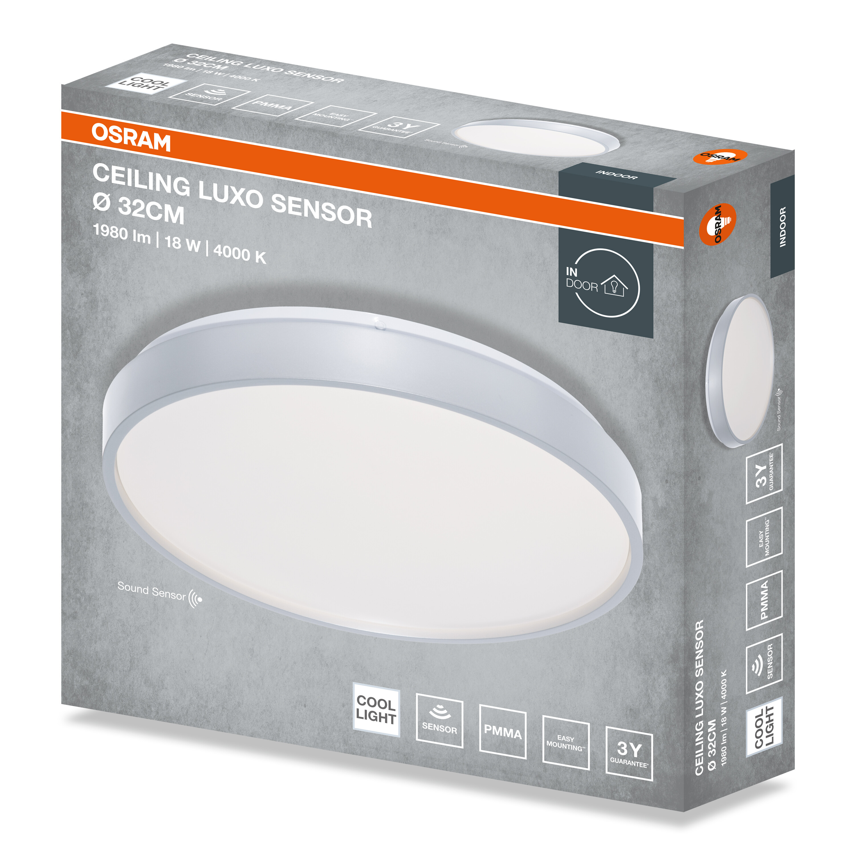 Osram Ceiling Luxo Sensor 32 cm-es mennyezeti lámpa csomagolása termékadatokkal és képpel szürke háttéren.