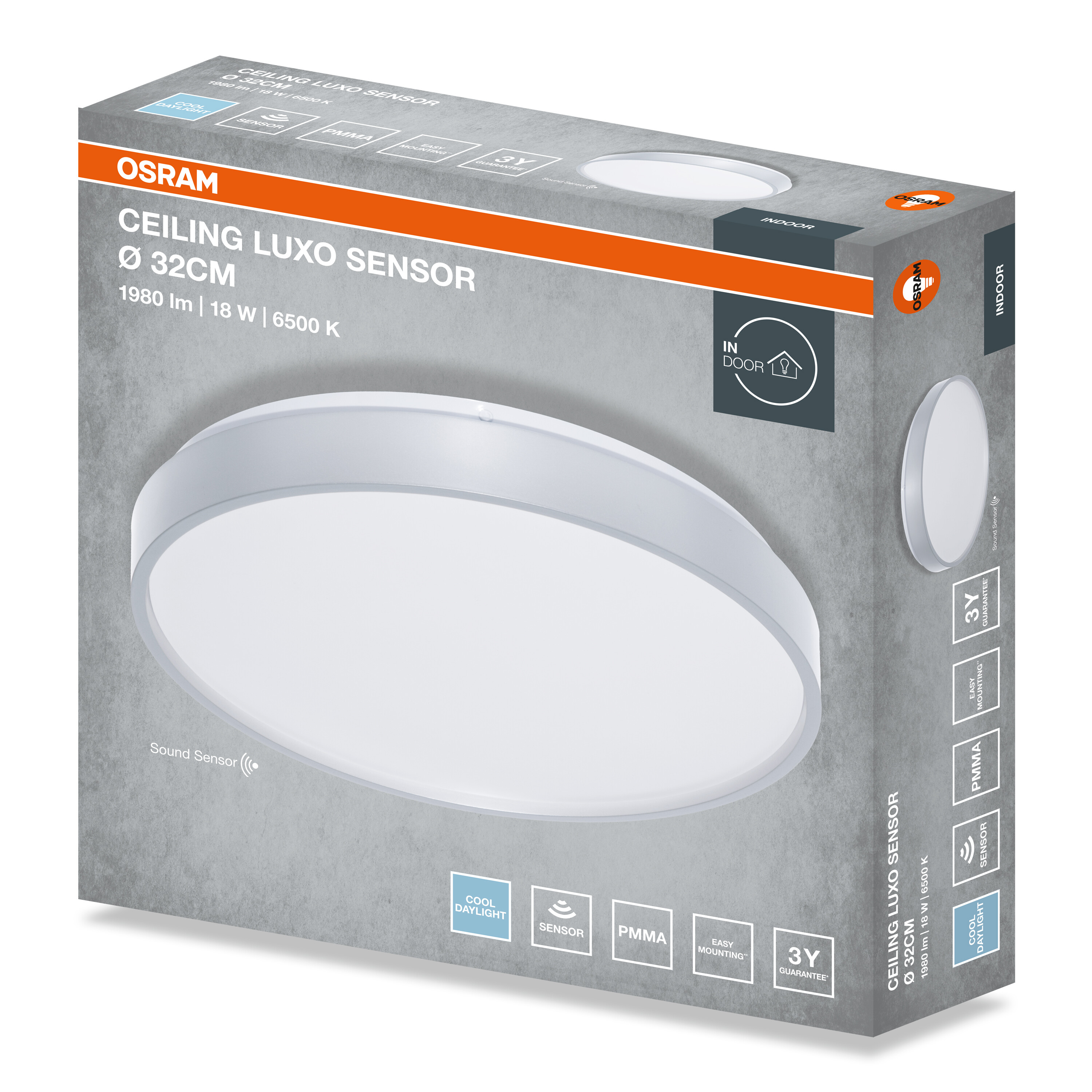 Osram Ceiling Luxo Sensor LED lámpa csomagolódoboz termékillusztrációval.