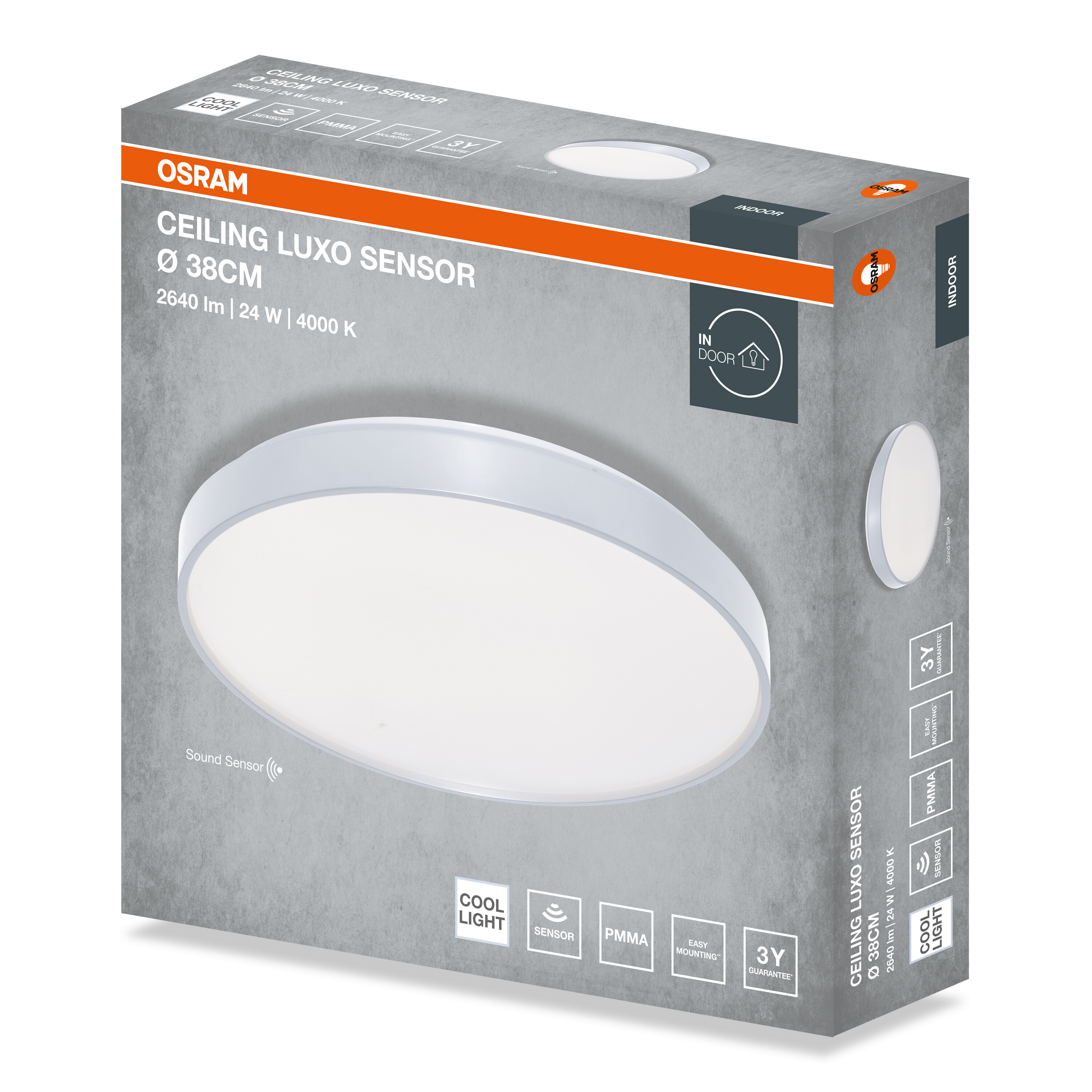 Osram mennyezeti lámpa termékdoboz kerek fehér testtel, narancs márkajelzéssel és műszaki adatokkal.