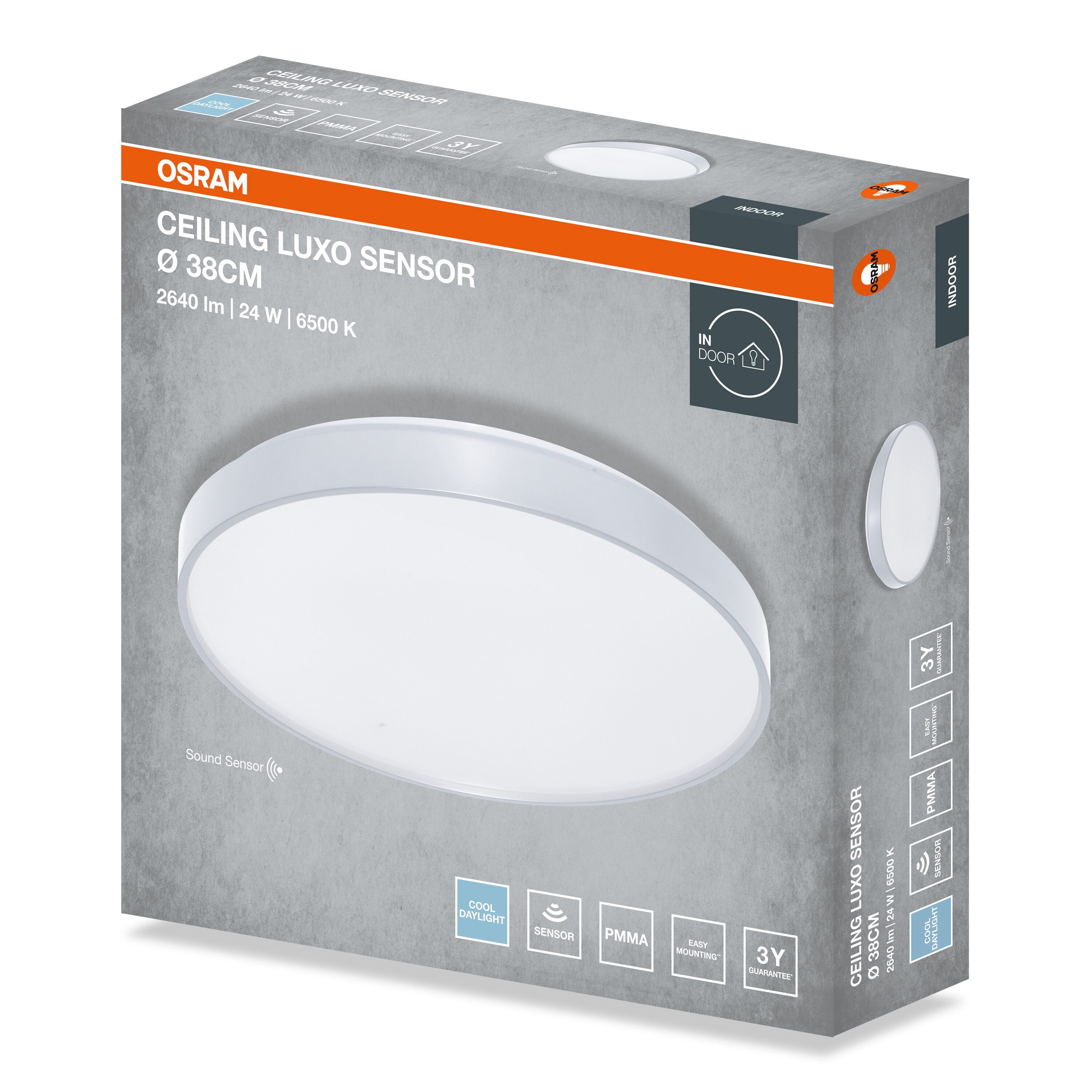 Osram Ceiling Luxo Sensor LED lámpa doboza, 38 cm, termékképpel és műszaki adatokkal.