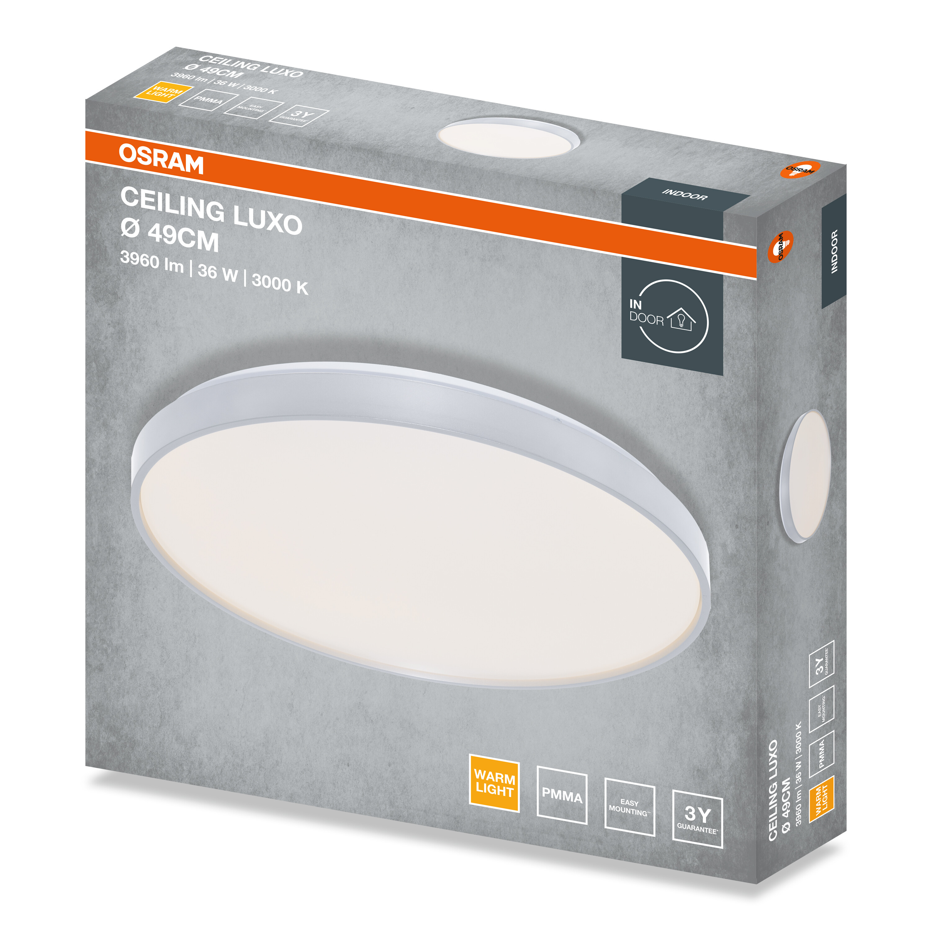 Egy Osram Ceiling Luxo LED-es doboz előlapján egy kerek fehér lámpatest látható.