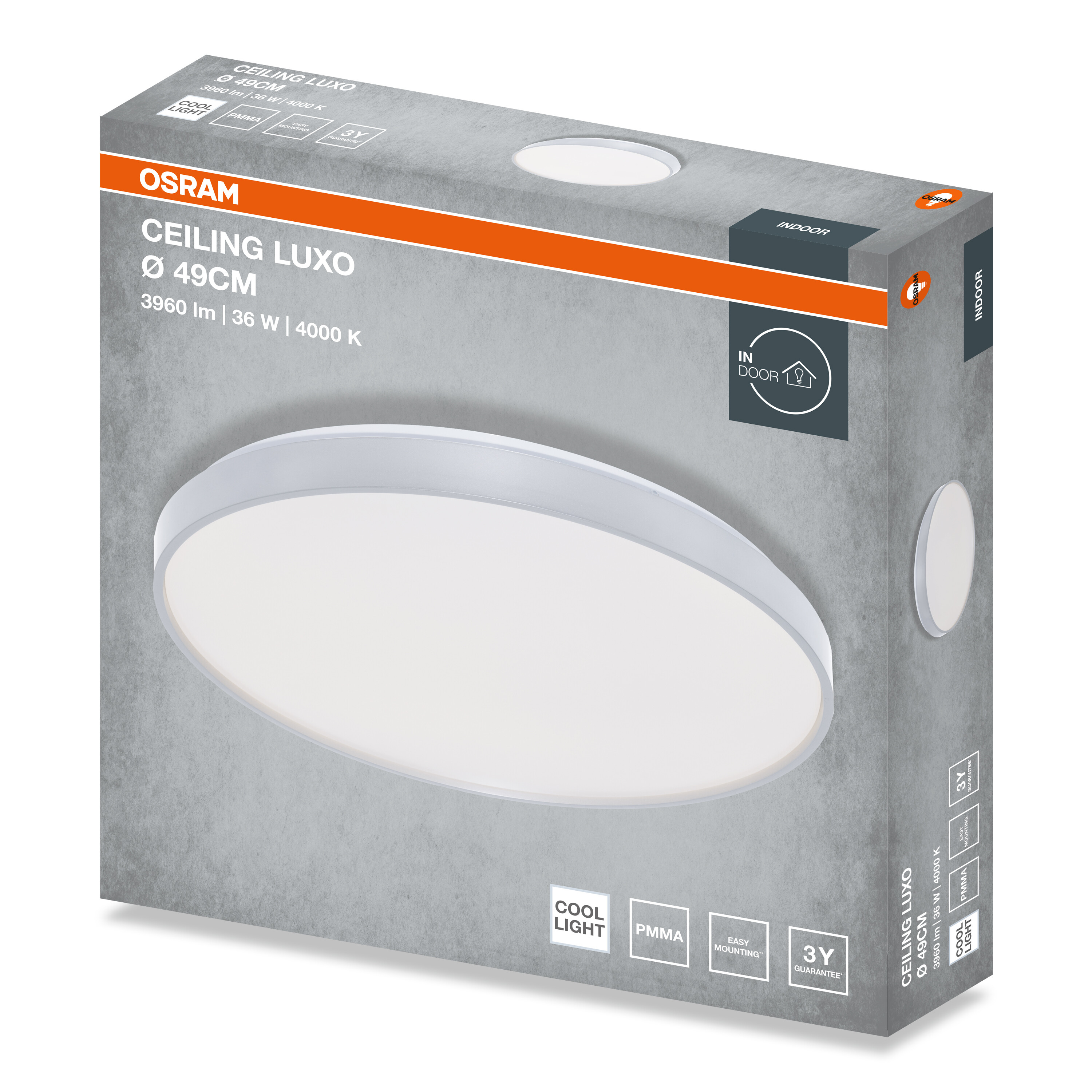 Szürke Osram Ceiling Luxo doboz fehér LED mennyezeti lámpával, adatokkal és narancssárga részletekkel.