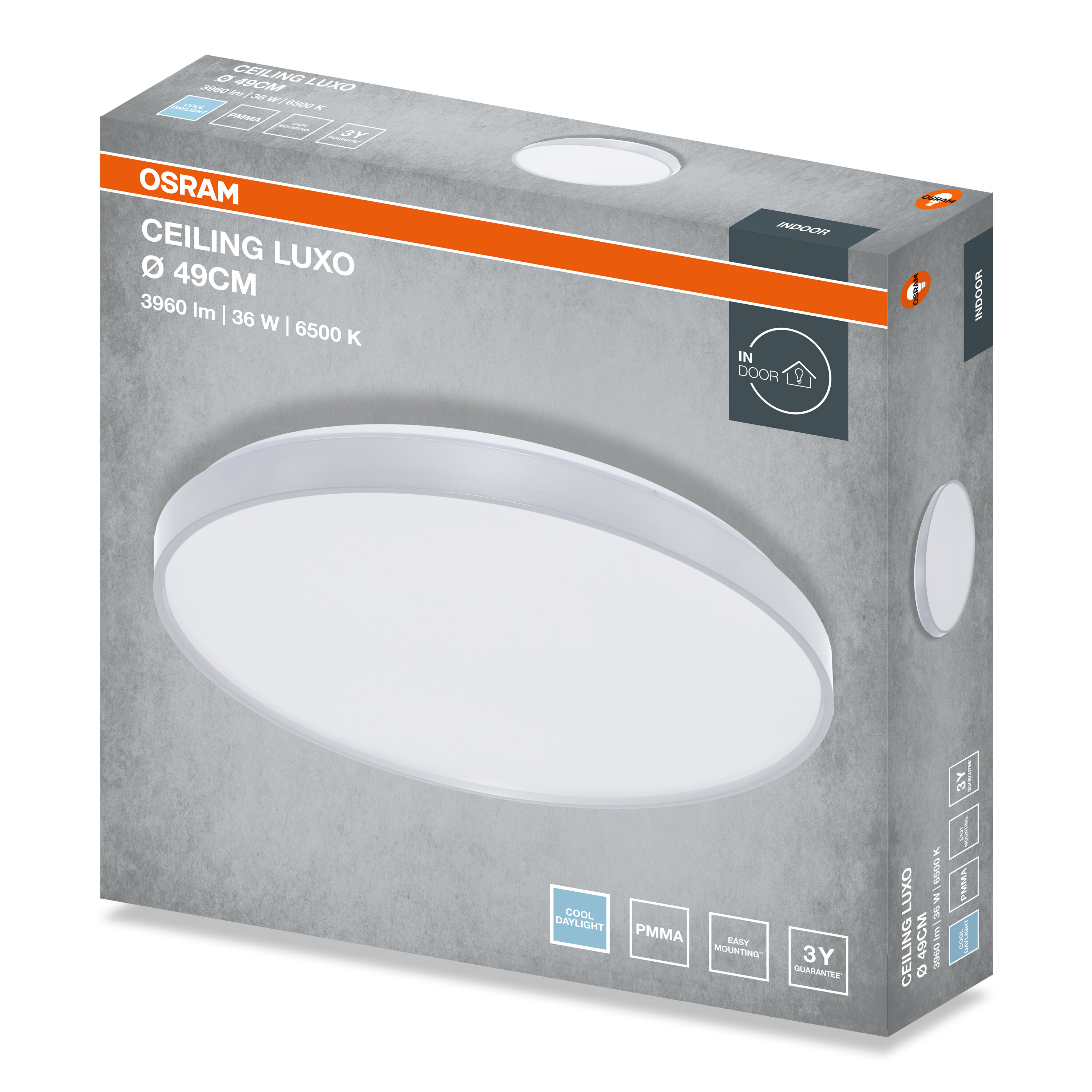 Osram Ceiling Luxo LED mennyezeti lámpa (49 cm, 36 W) doboza szürke színben, narancssárga csíkkal.