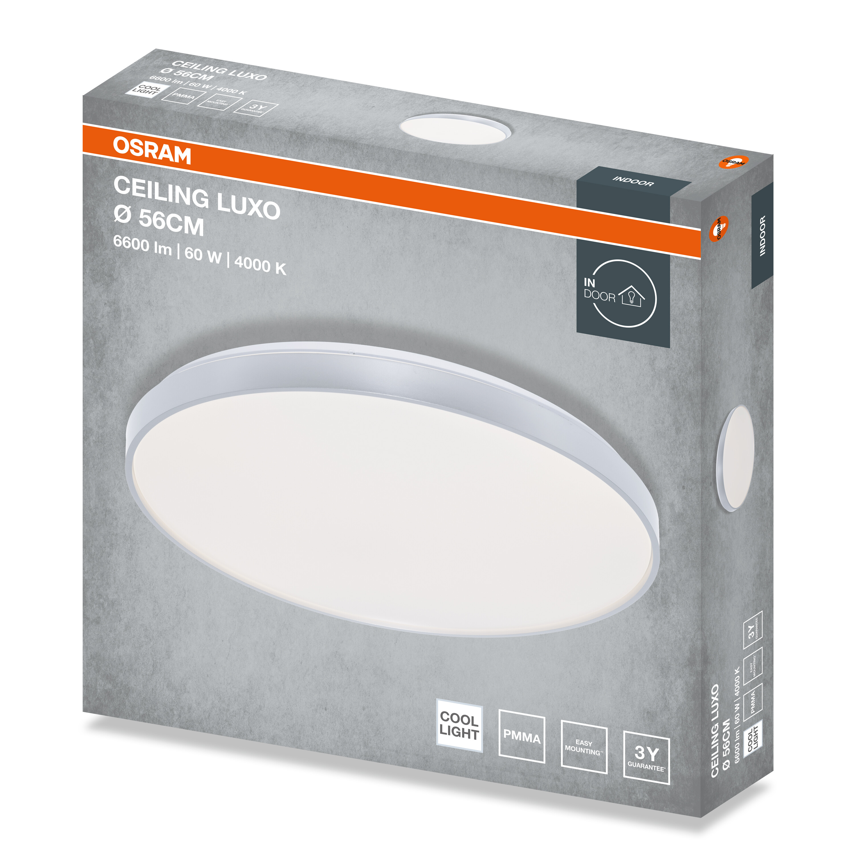 Szürke Osram Ceiling Luxo termékdoboz narancssárga csíkkal, kerek fehér mennyezeti lámpával és specifikációkkal.