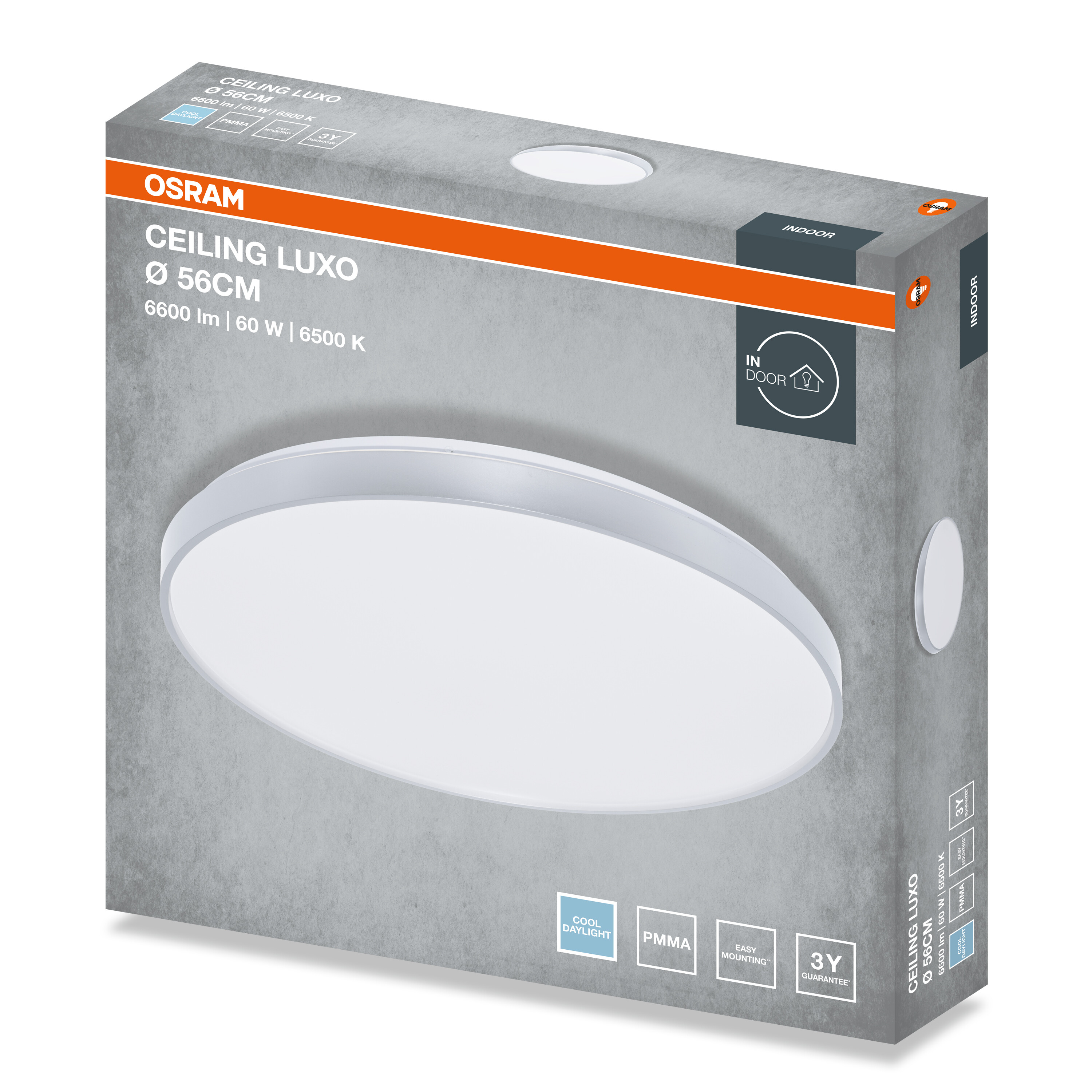 Osram Ceiling Luxo LED mennyezeti lámpa csomagolás szürke és narancssárga színben, 56 cm átmérővel.