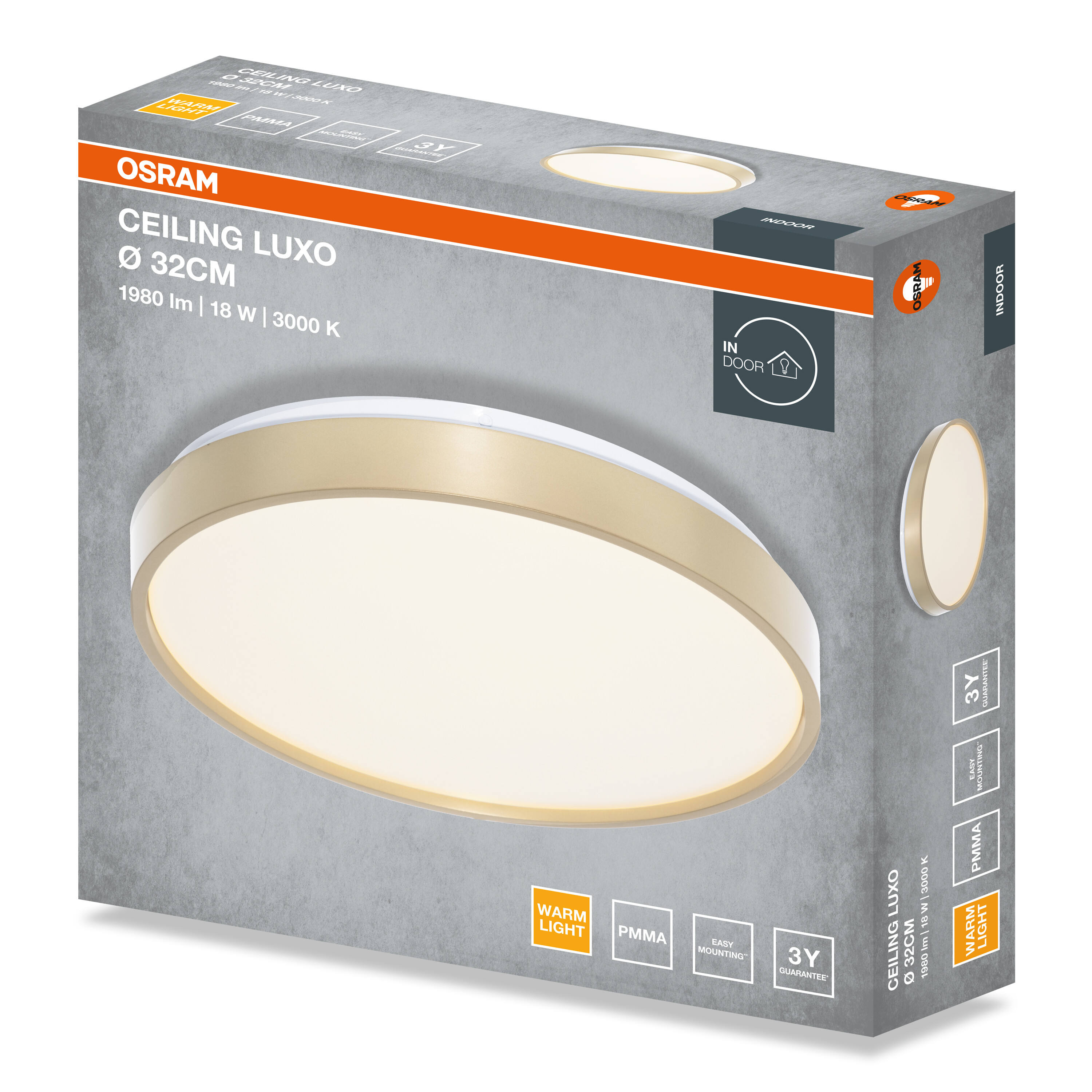 Osram Ceiling Luxo lámpa doboza termékadatokkal és a kerek lámpa képével.