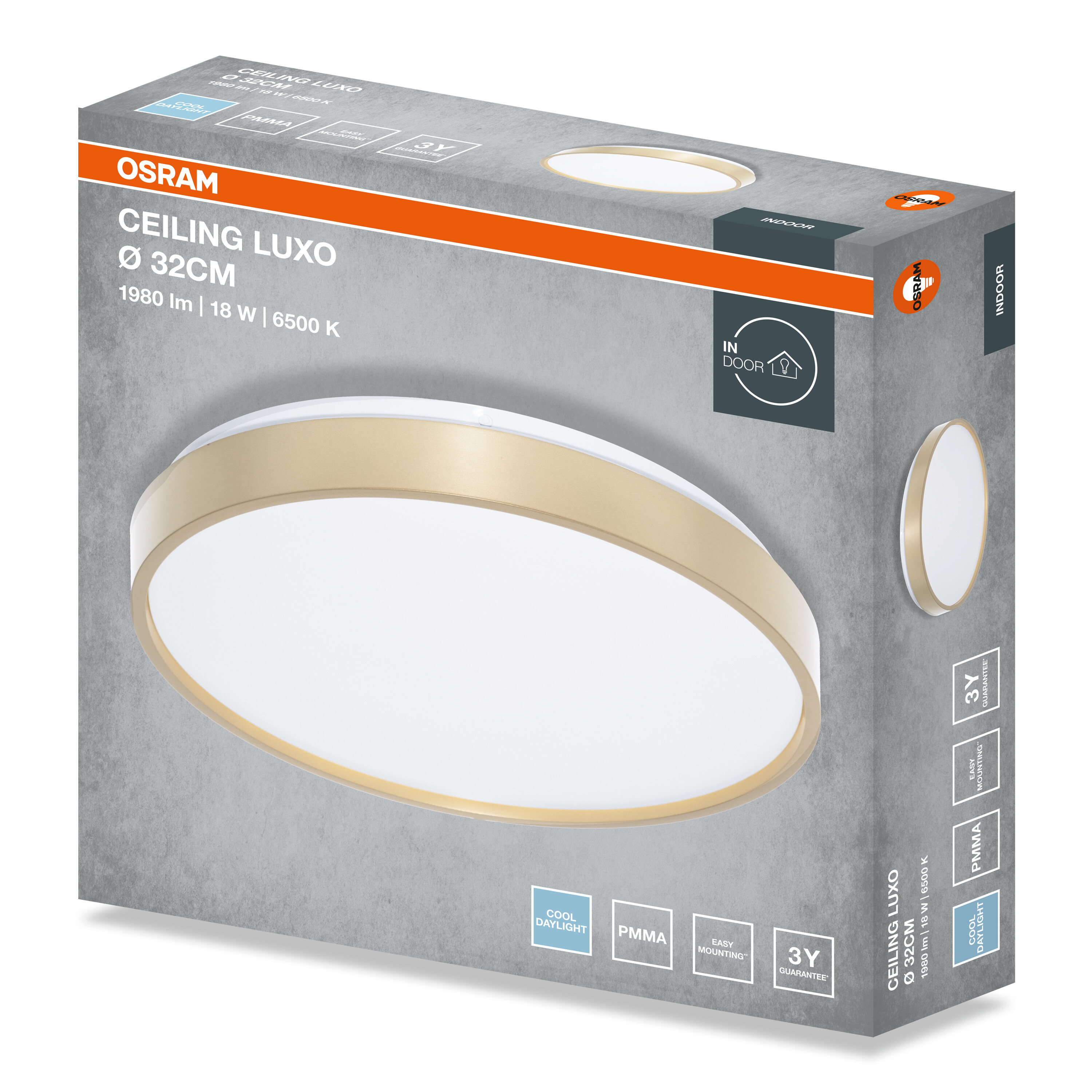 Az Osram Ceiling Luxo LED mennyezeti lámpa csomagolása, 32 cm átmérővel, arany kerettel.