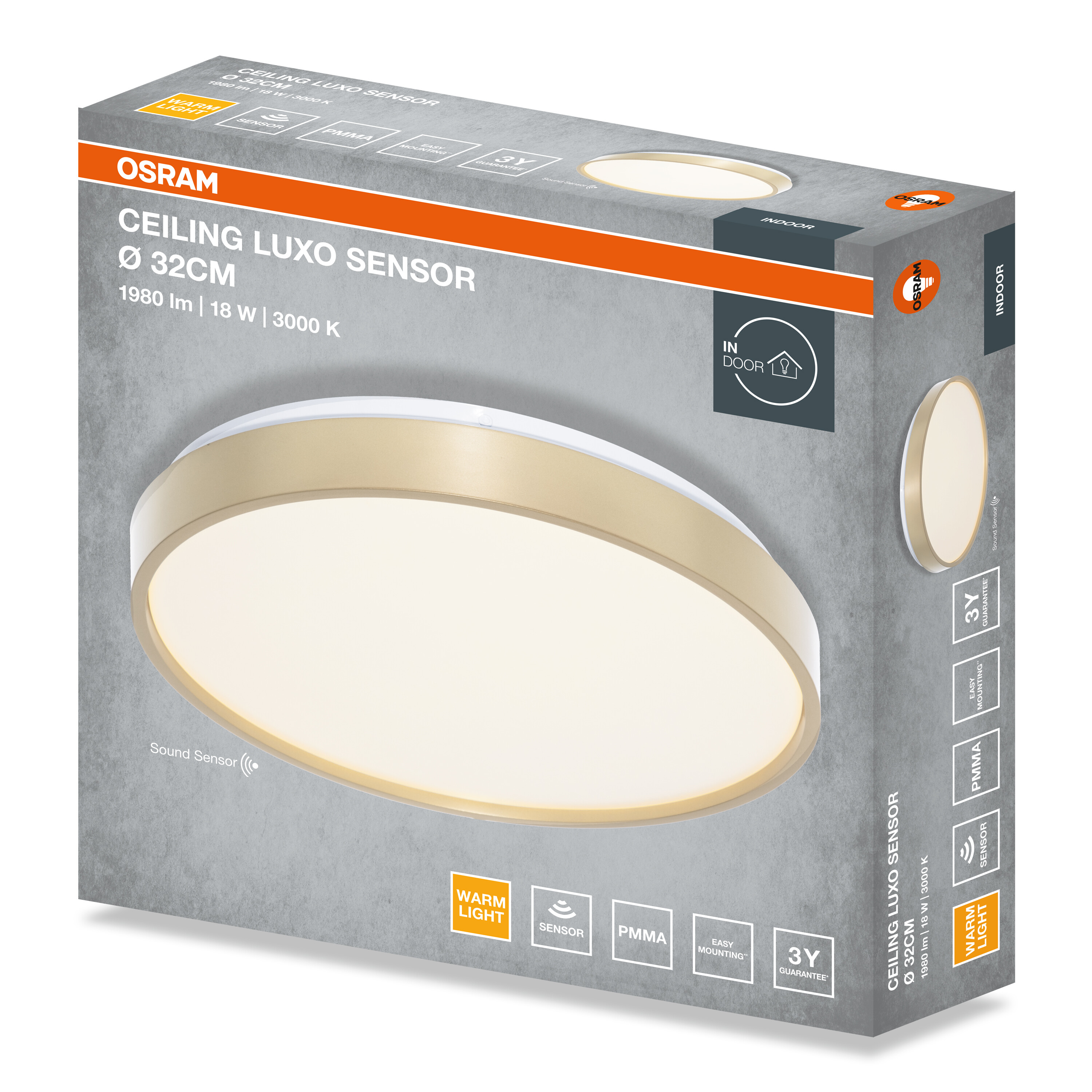 Az Osram Ceiling Luxo Sensor lámpa csomagolása termékképpel és adatokkal szürke háttér előtt.