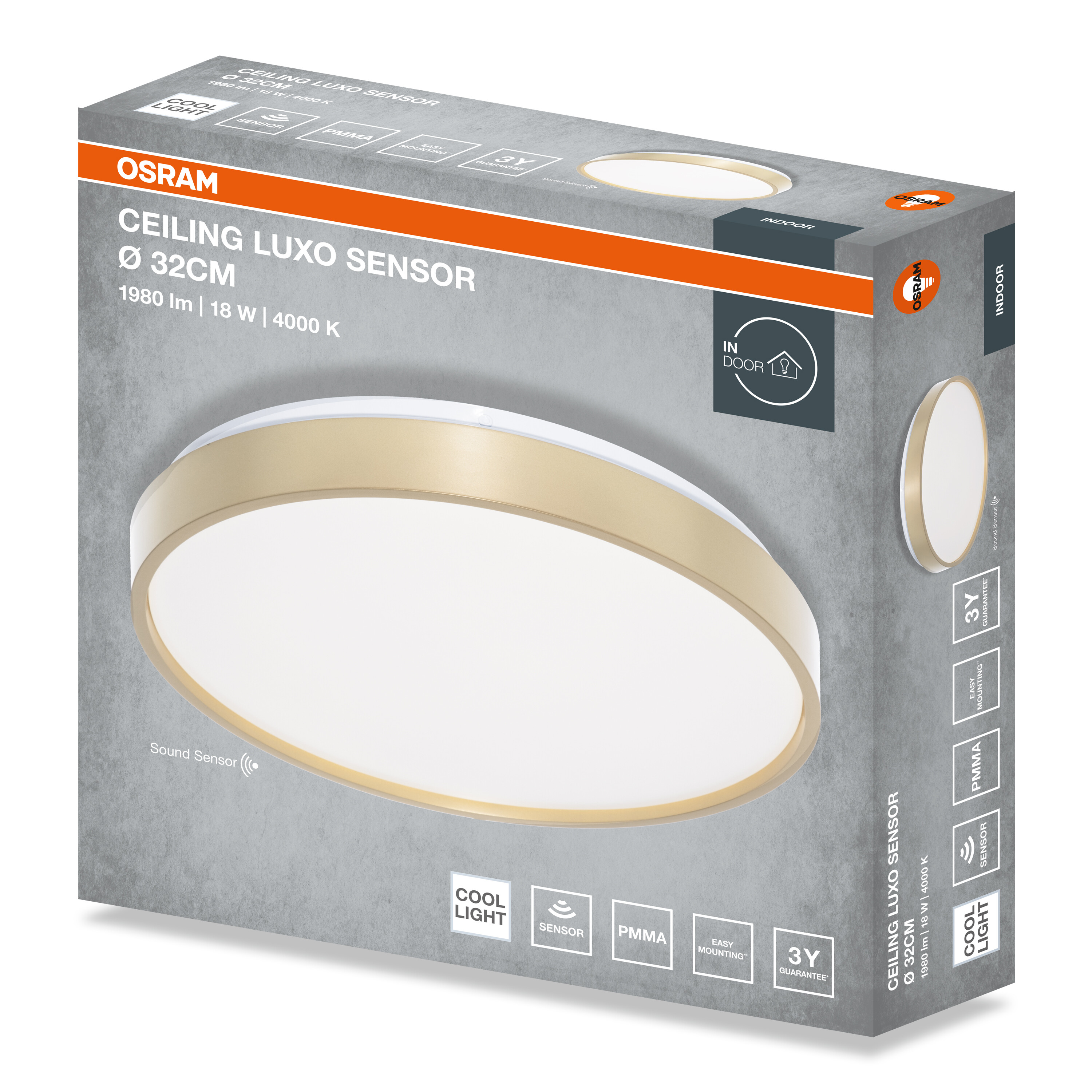 Az OSRAM Ceiling Luxo Sensor LED mennyezeti lámpa csomagolása arany peremmel és részletekkel.