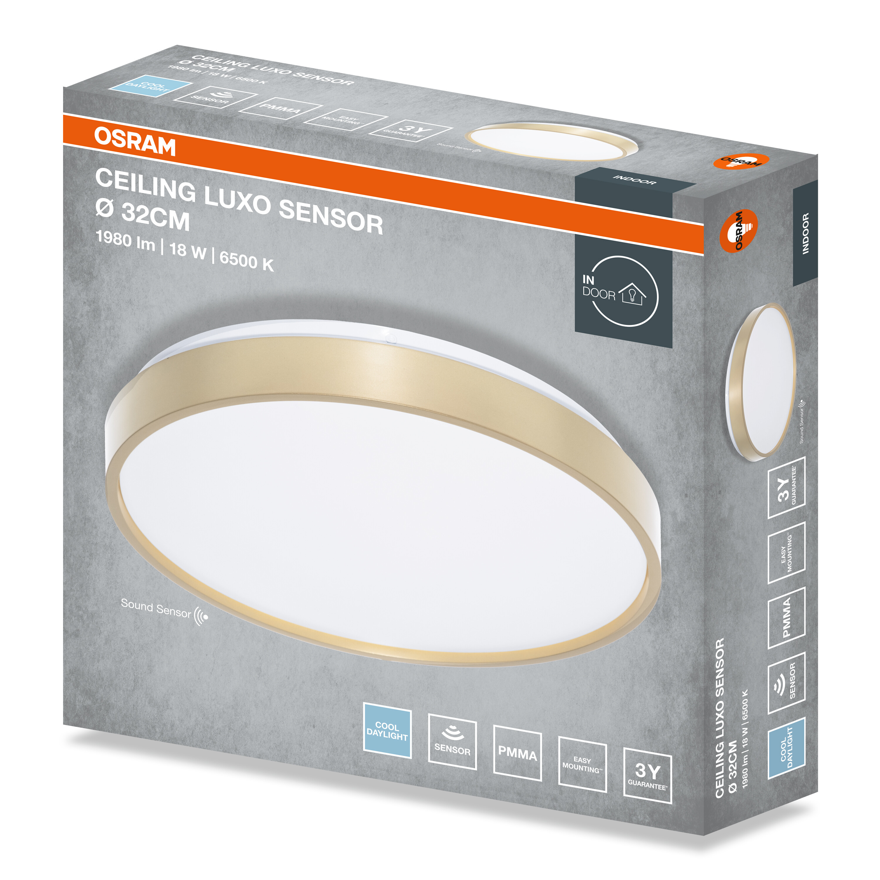 Osram Ceiling Luxo Sensor csomagolás egy kerek mennyezeti lámpával.