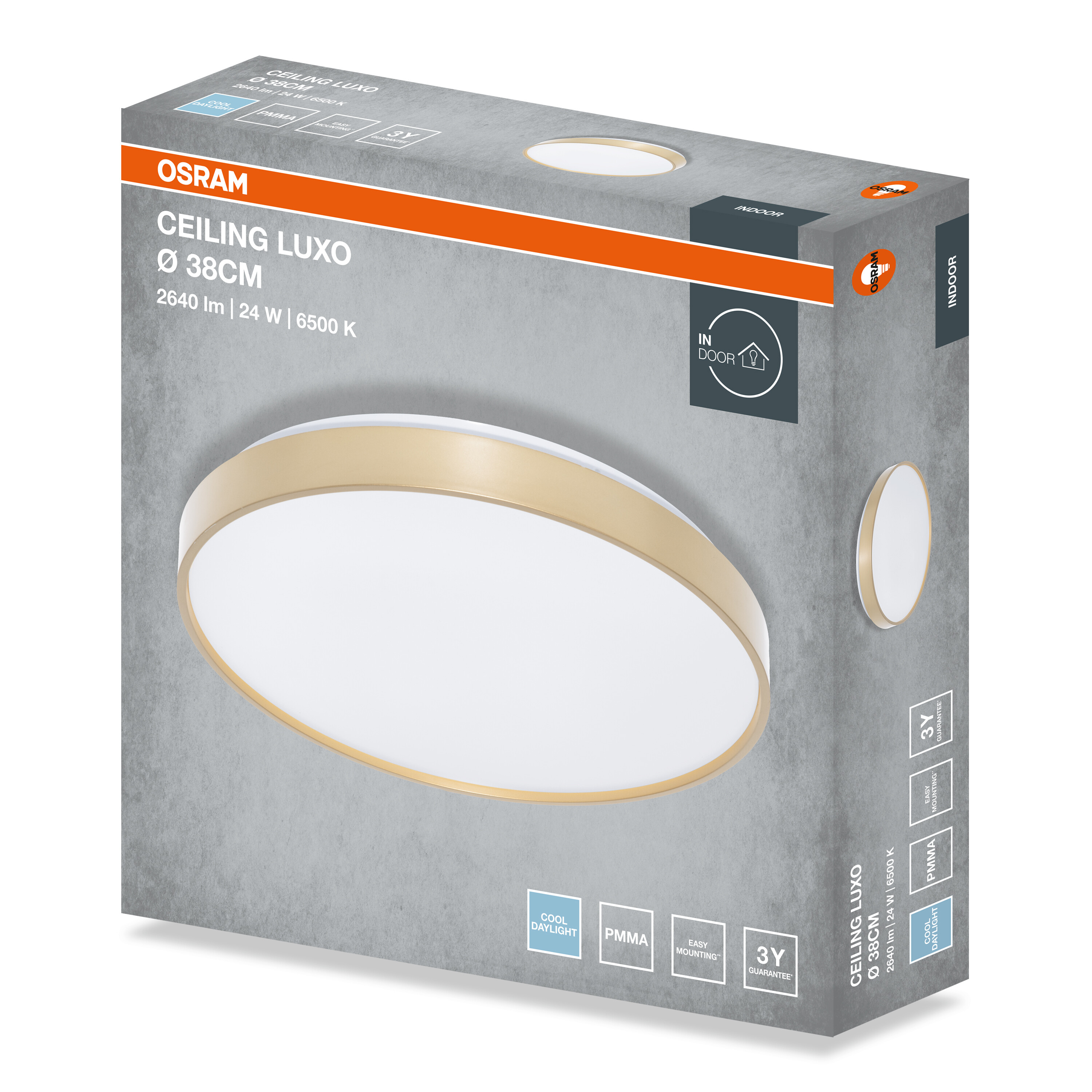 Osram Ceiling Luxo LED lámpa csomagolódoboza 38 cm-es, arany szegélyű armatúrával és adatokkal.