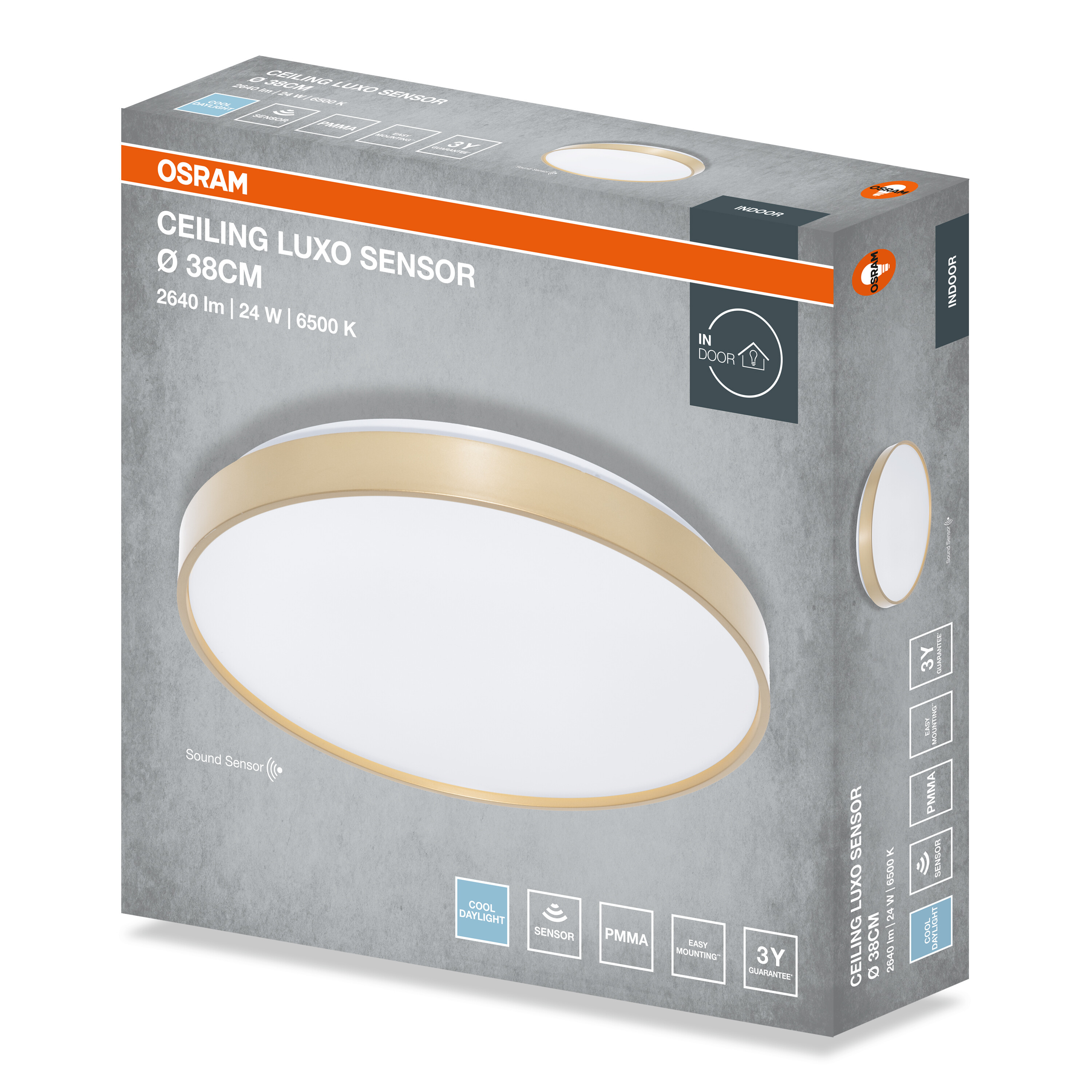 Az Osram Ceiling Luxo Sensor LED mennyezeti lámpa csomagolása (38cm, arany keret).