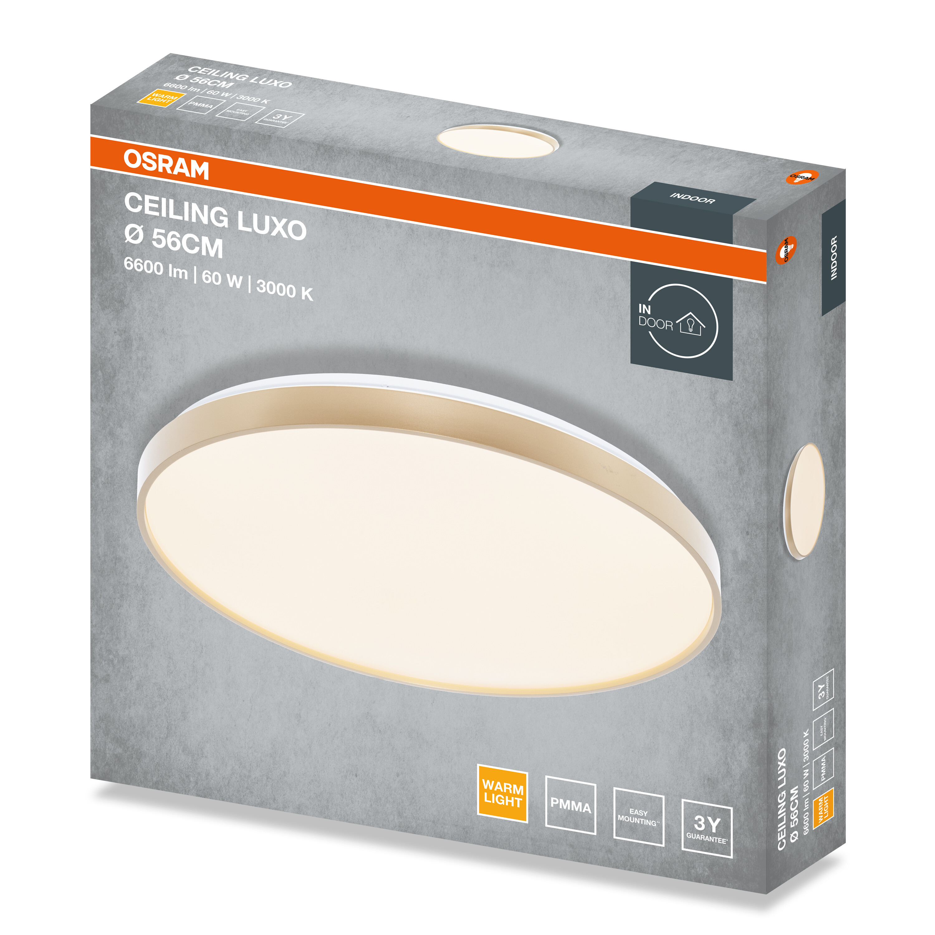 Szürke Osram Ceiling Luxo doboz kör alakú, fehér LED mennyezeti lámpával, 56 cm átmérővel.