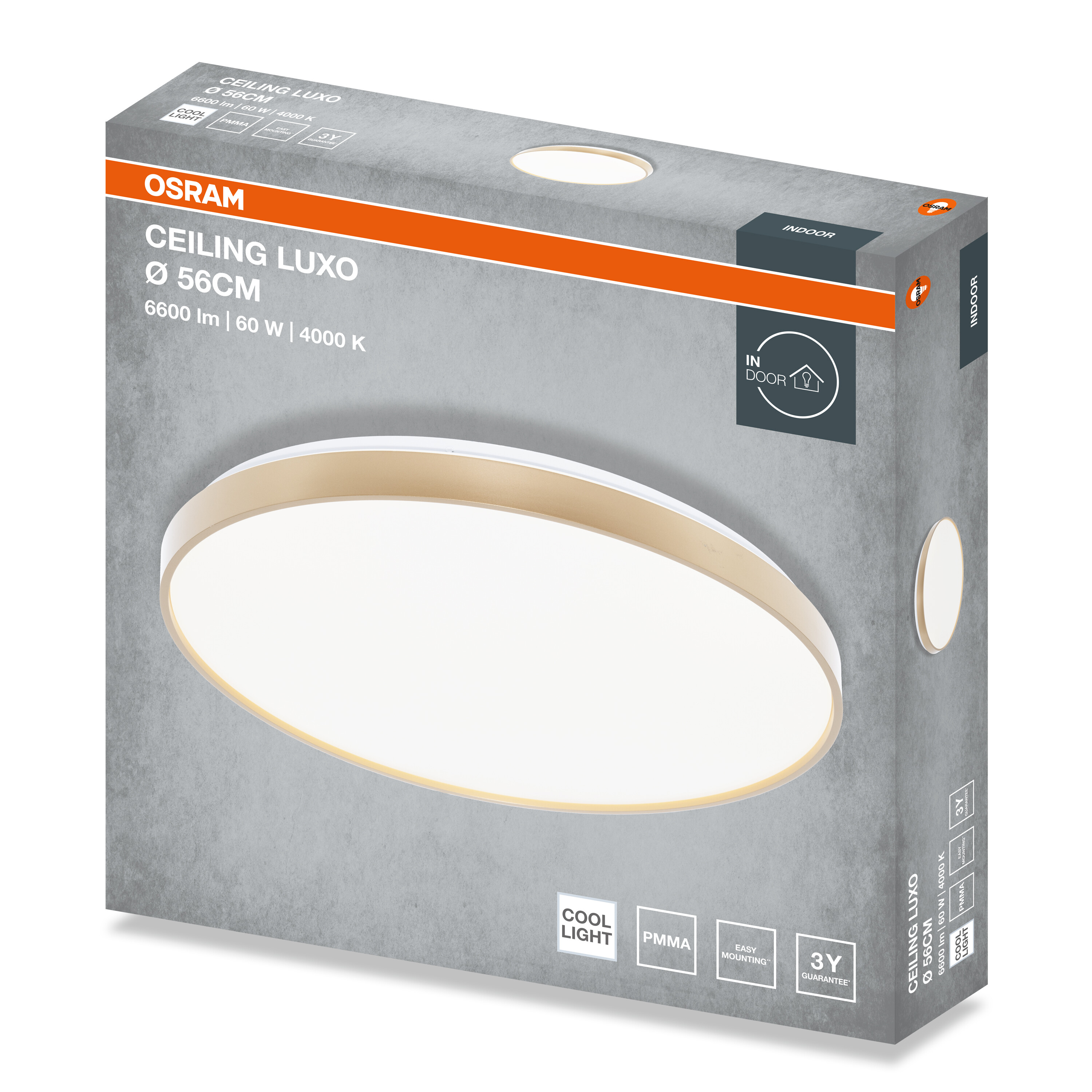Szürke Osram Ceiling Luxo LED mennyezeti lámpa csomagolás kerek lámpa képpel és adatokkal.
