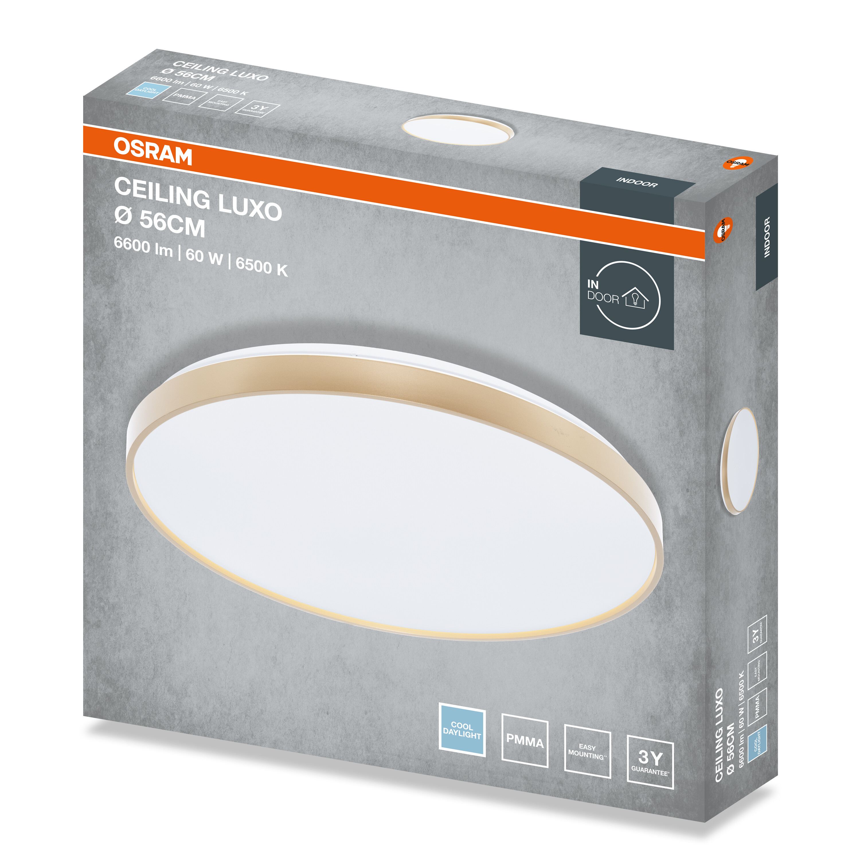 Szürke Osram Ceiling Luxo LED mennyezeti lámpa csomagolás termékfotóval és adatokkal.