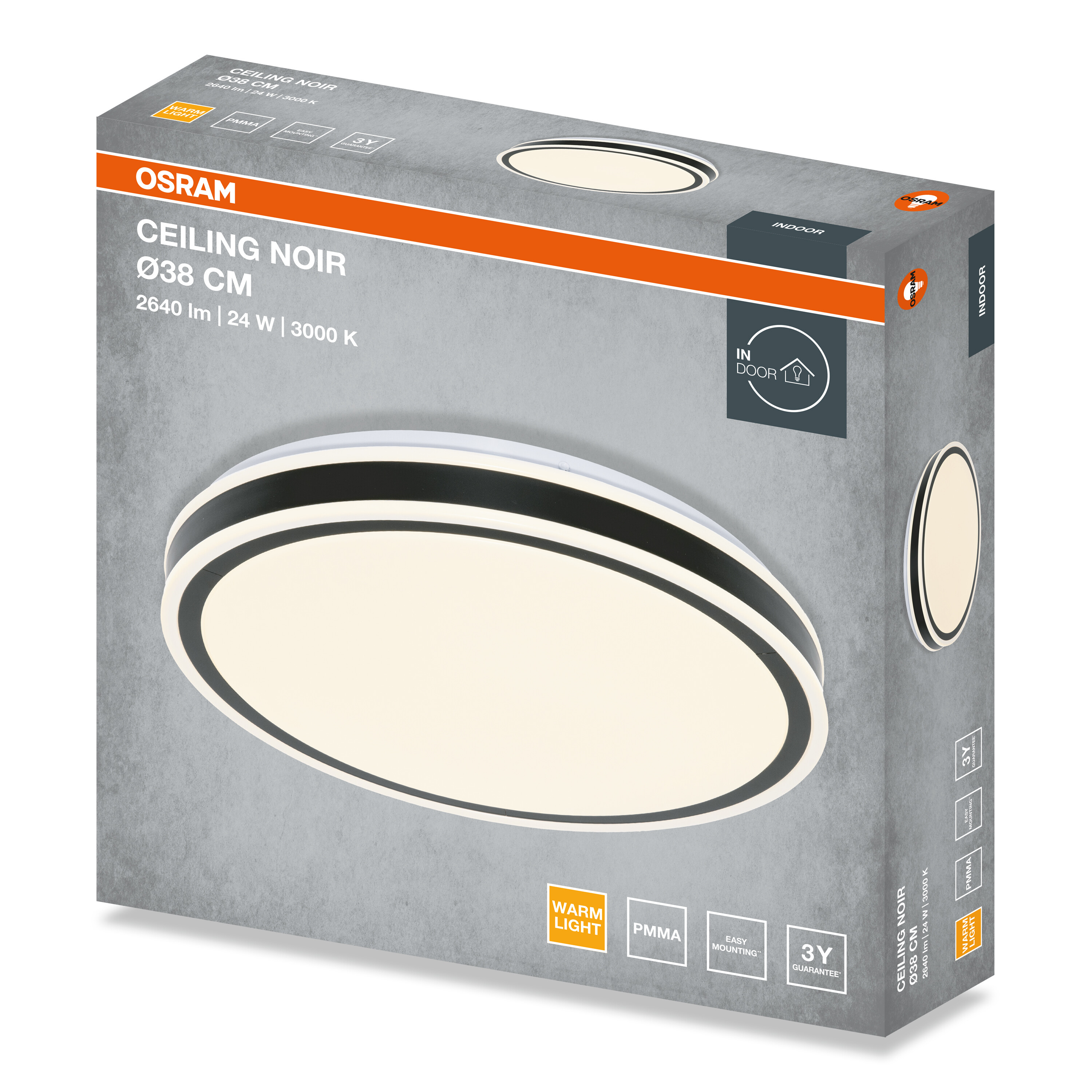 Szürke csomagolódoboz az Osram Ceiling Noir LED mennyezeti lámpához (38 cm, 24 W, 3000 K), termékképpel.