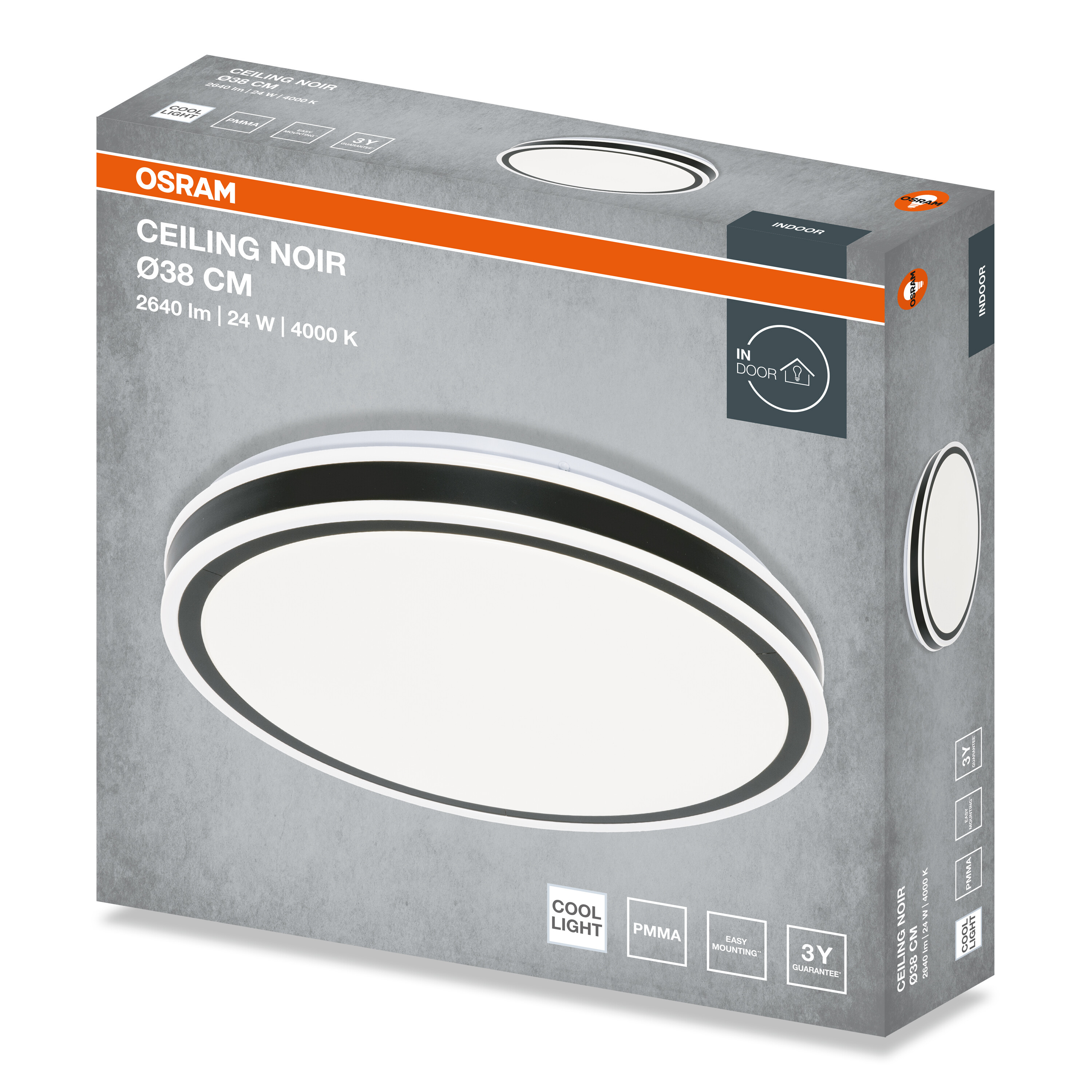 Osram Ceiling Noir mennyezeti lámpa csomagolása, 38 cm átmérőjű, termékadatokkal és képpel.