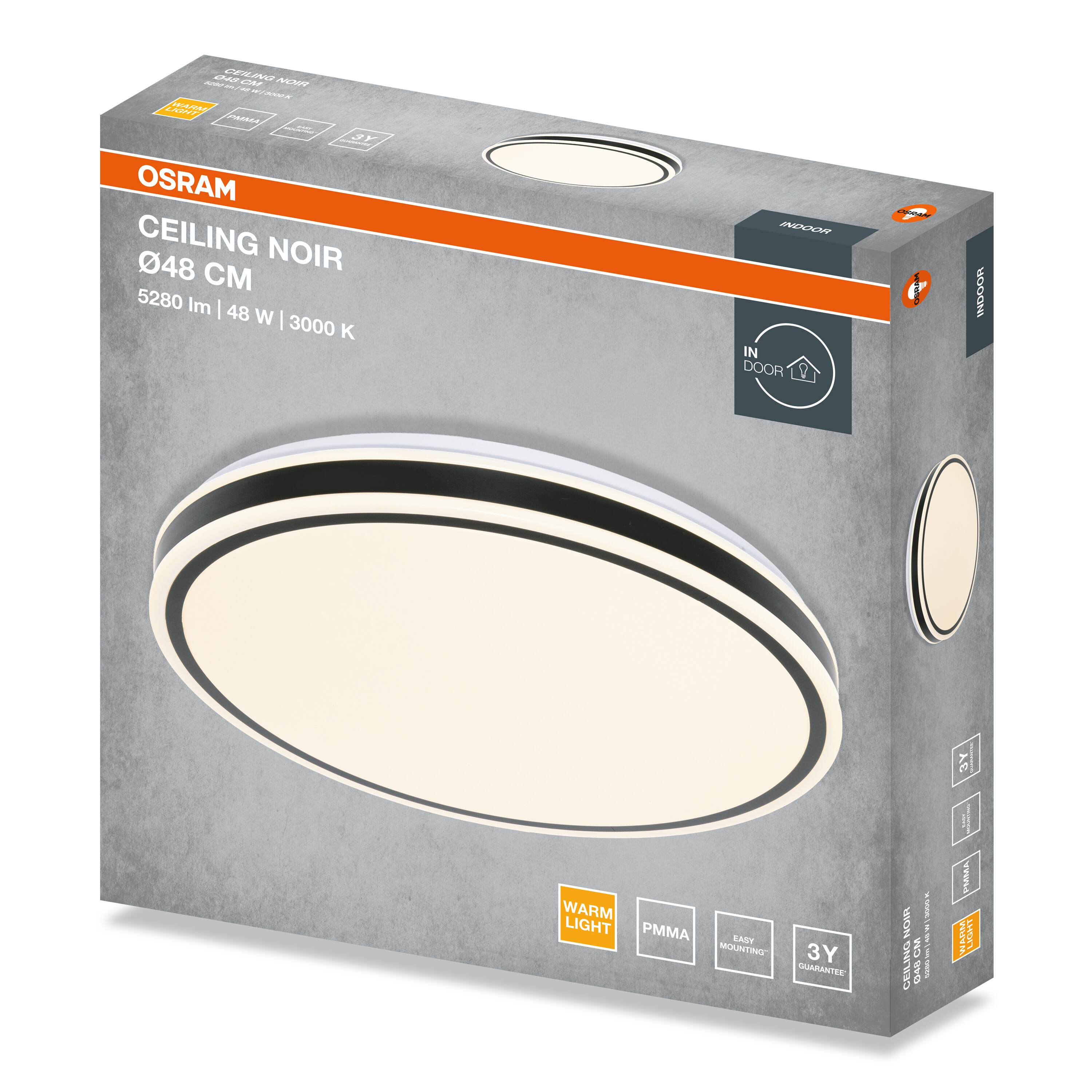 Az Osram Ceiling Noir mennyezeti lámpa csomagolása termékrészletekkel és a kerek lámpatest képével.