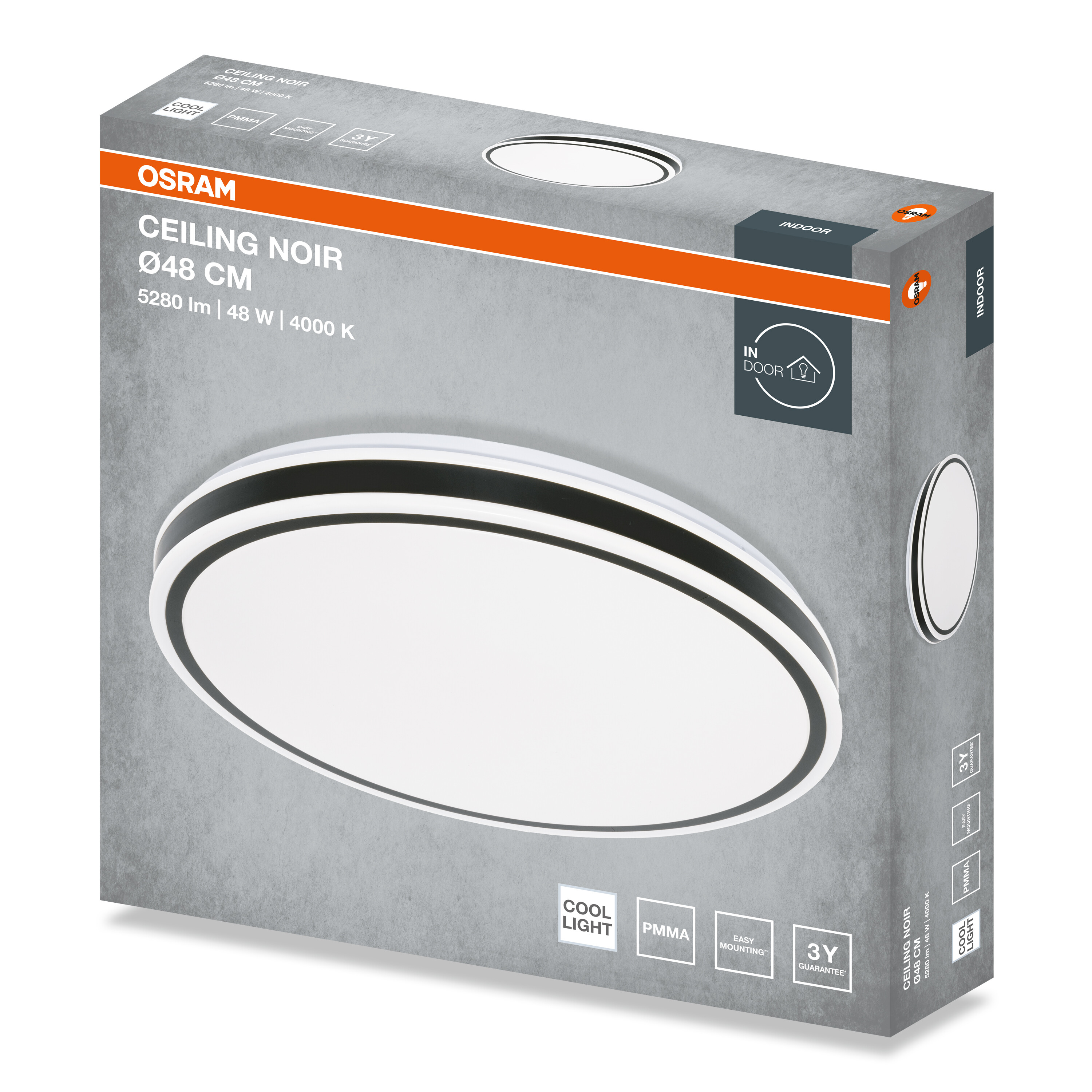 Szürke termékcsomagolás az Osram Ceiling Noir lámpához, műszaki adatokkal és a termék fotójával.
