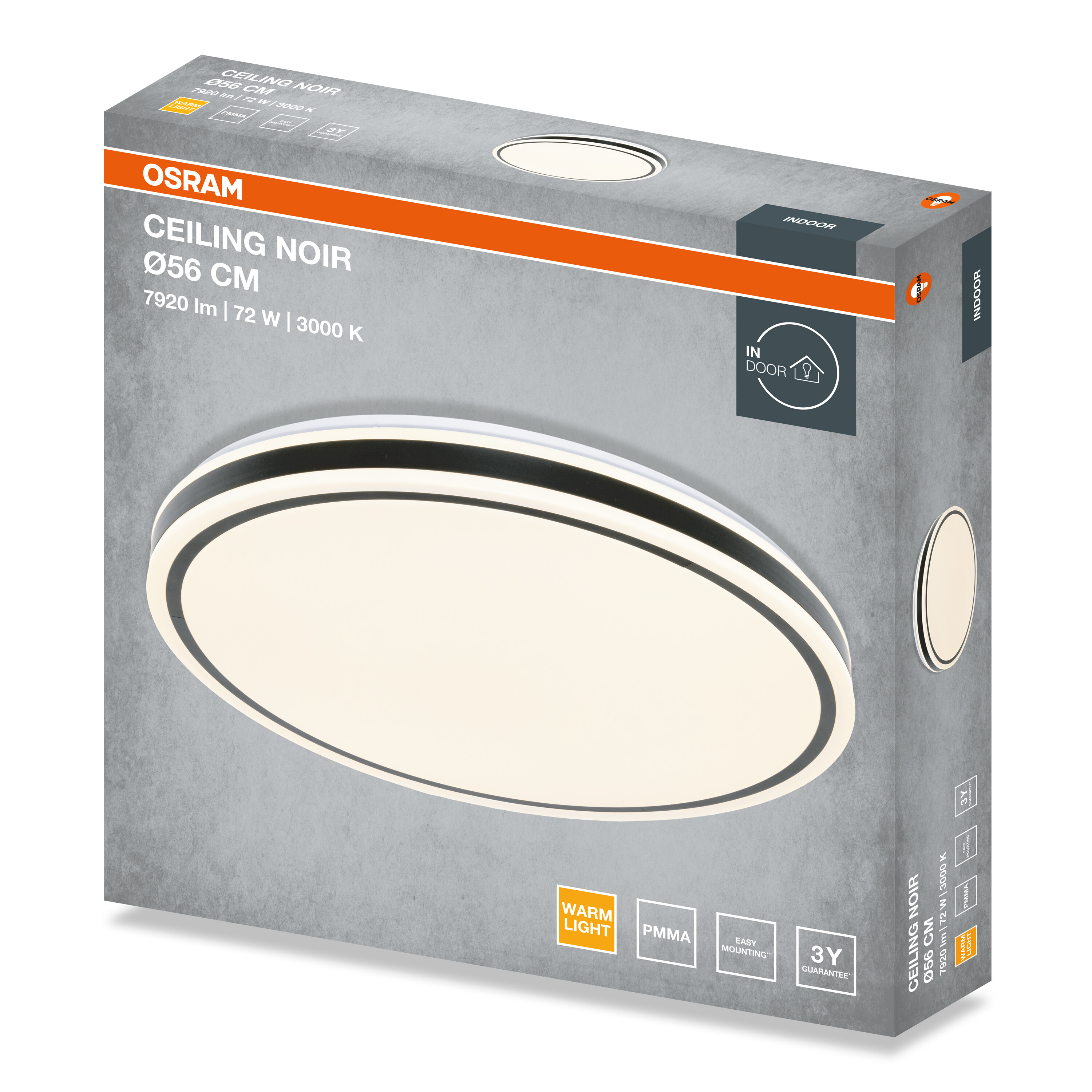 Osram Ceiling Noir LED mennyezeti lámpa csomagolása, 56 cm átmérővel, termékképpel és műszaki adatokkal.