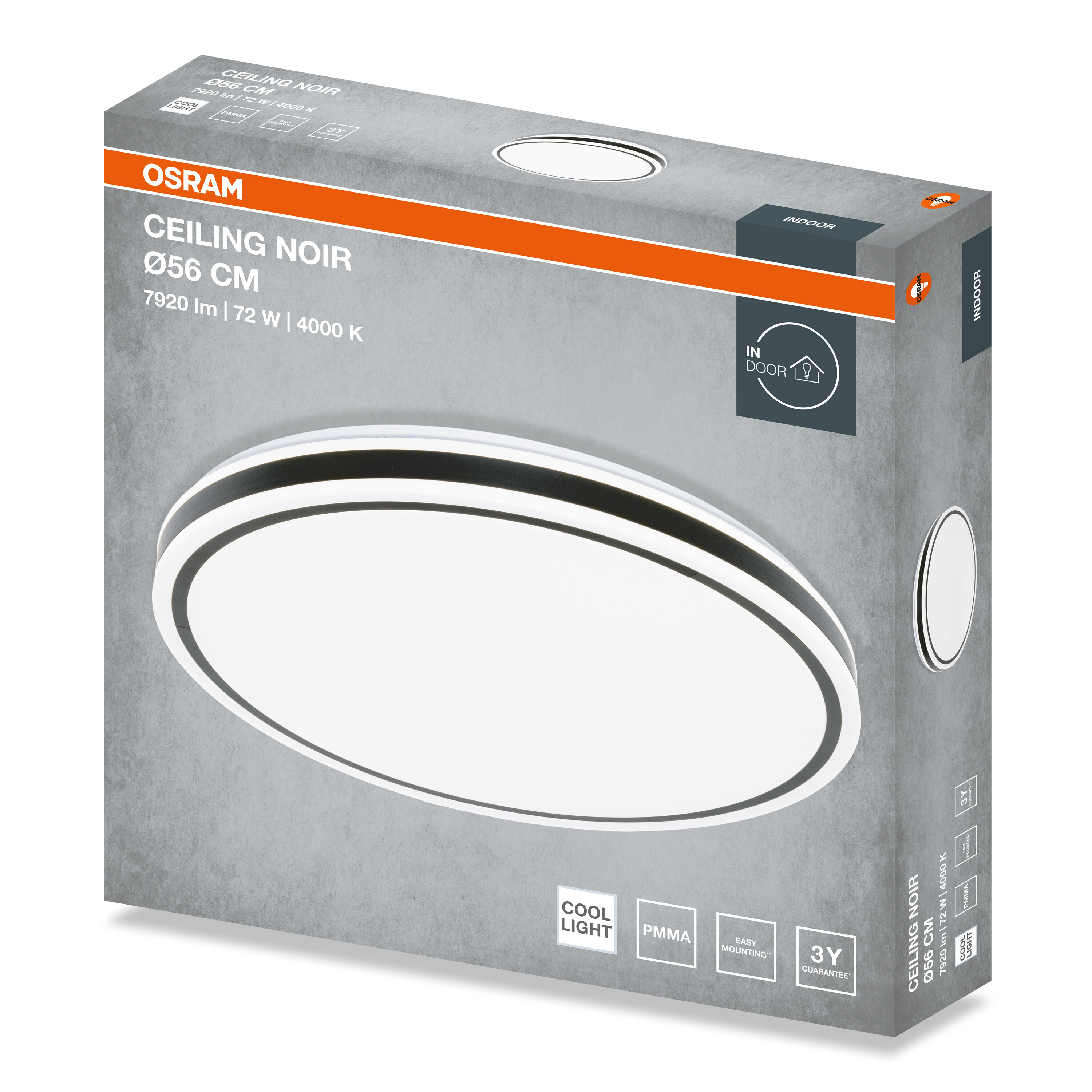 Osram Ceiling Noir csomagolódoboz, szürke narancssárga csíkkal és egy kerek fehér lámpa fényképével.