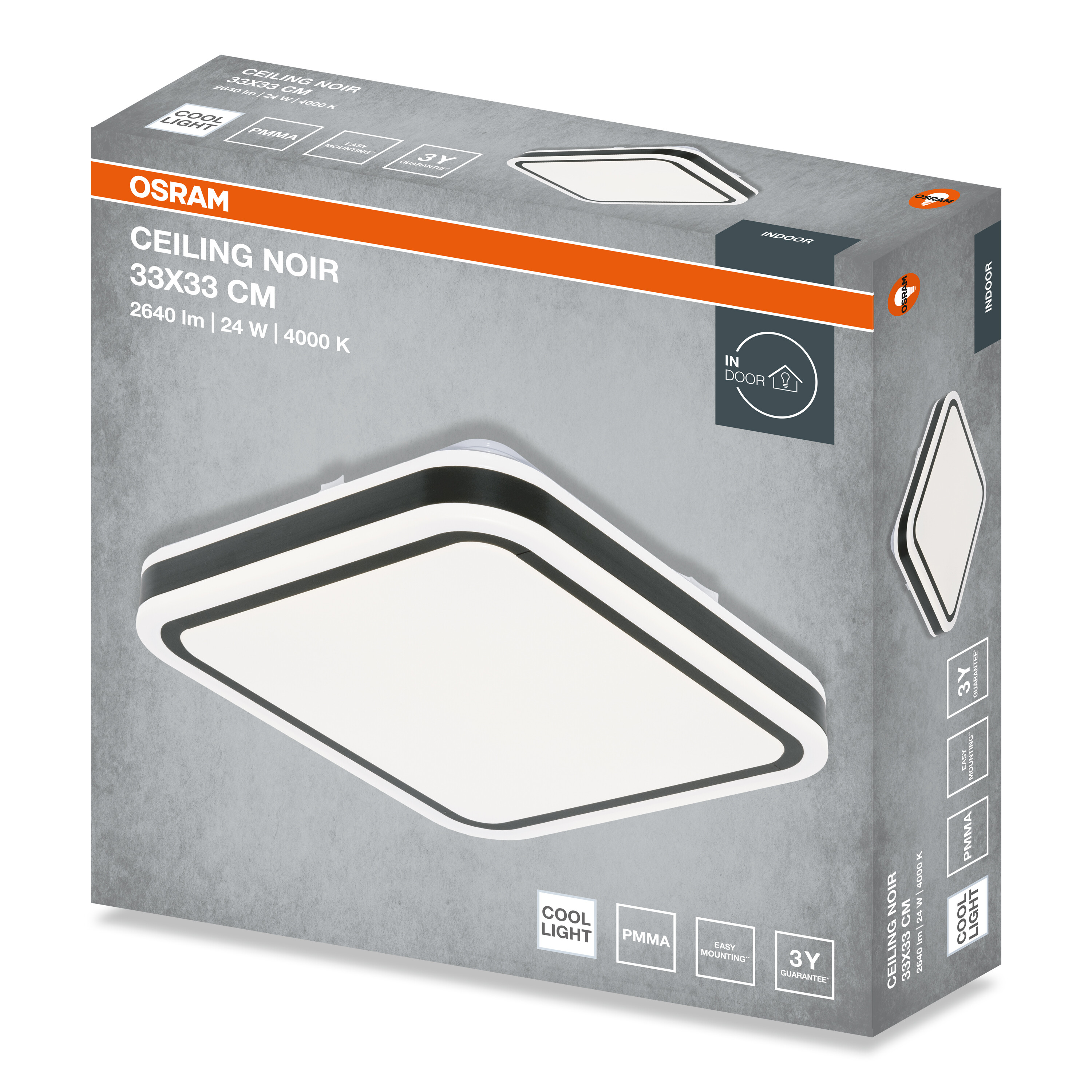 Szürke Osram Ceiling Noir csomagolás négyzet alakú mennyezeti lámpával.