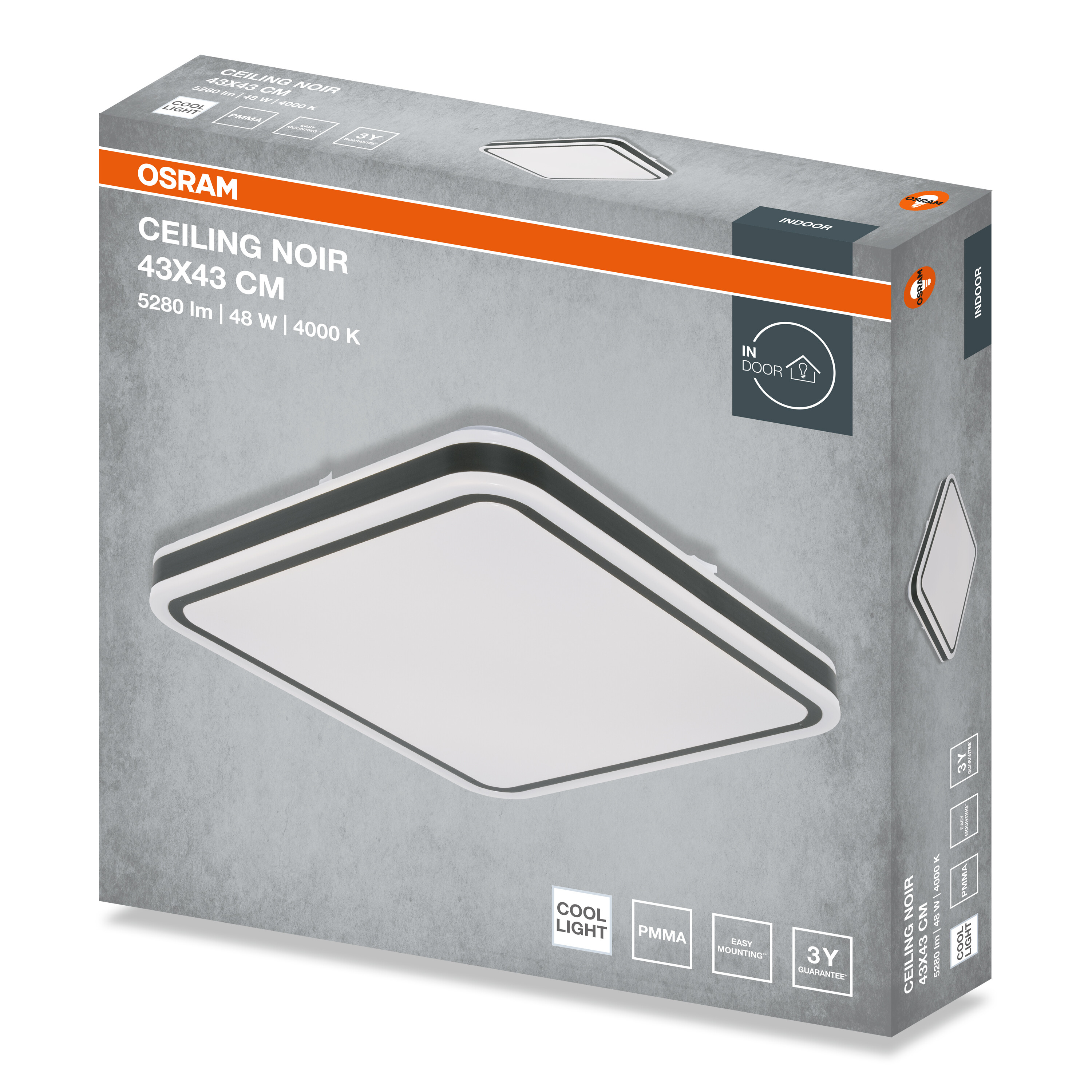 Szürke csomagolás az Osram Ceiling Noir LED mennyezeti lámpához (43x43 cm), termékképpel és adatokkal.