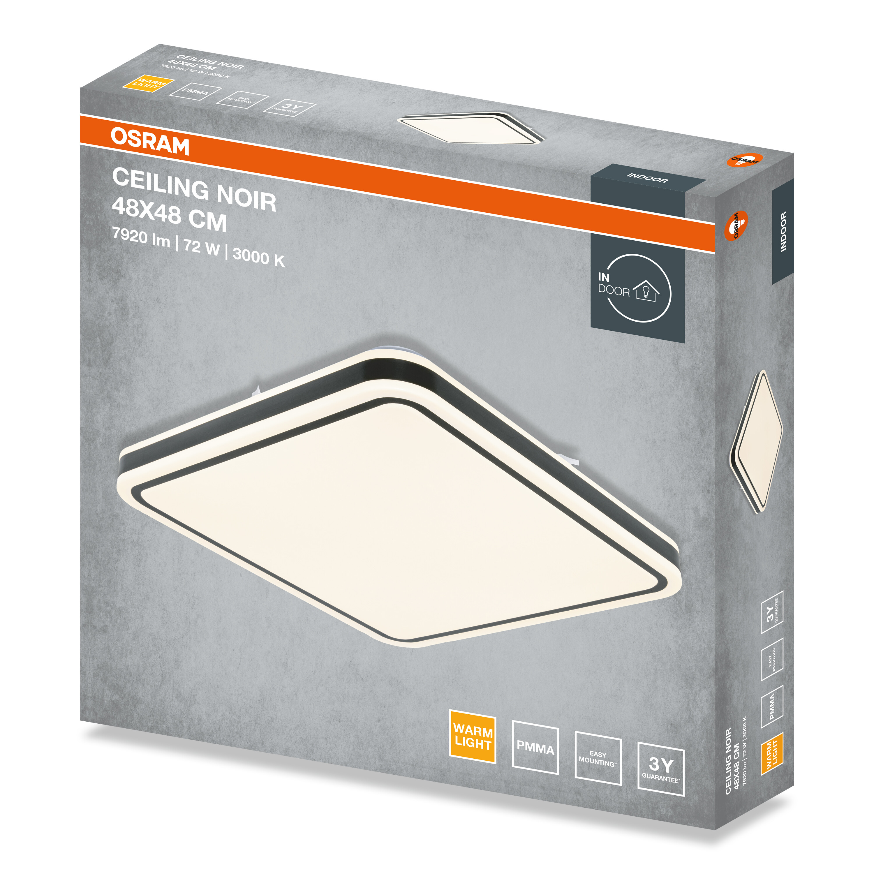 Osram Noir mennyezeti lámpa doboz, amely egy négyzet alakú, fehér LED lámpatestet mutat fekete kerettel.