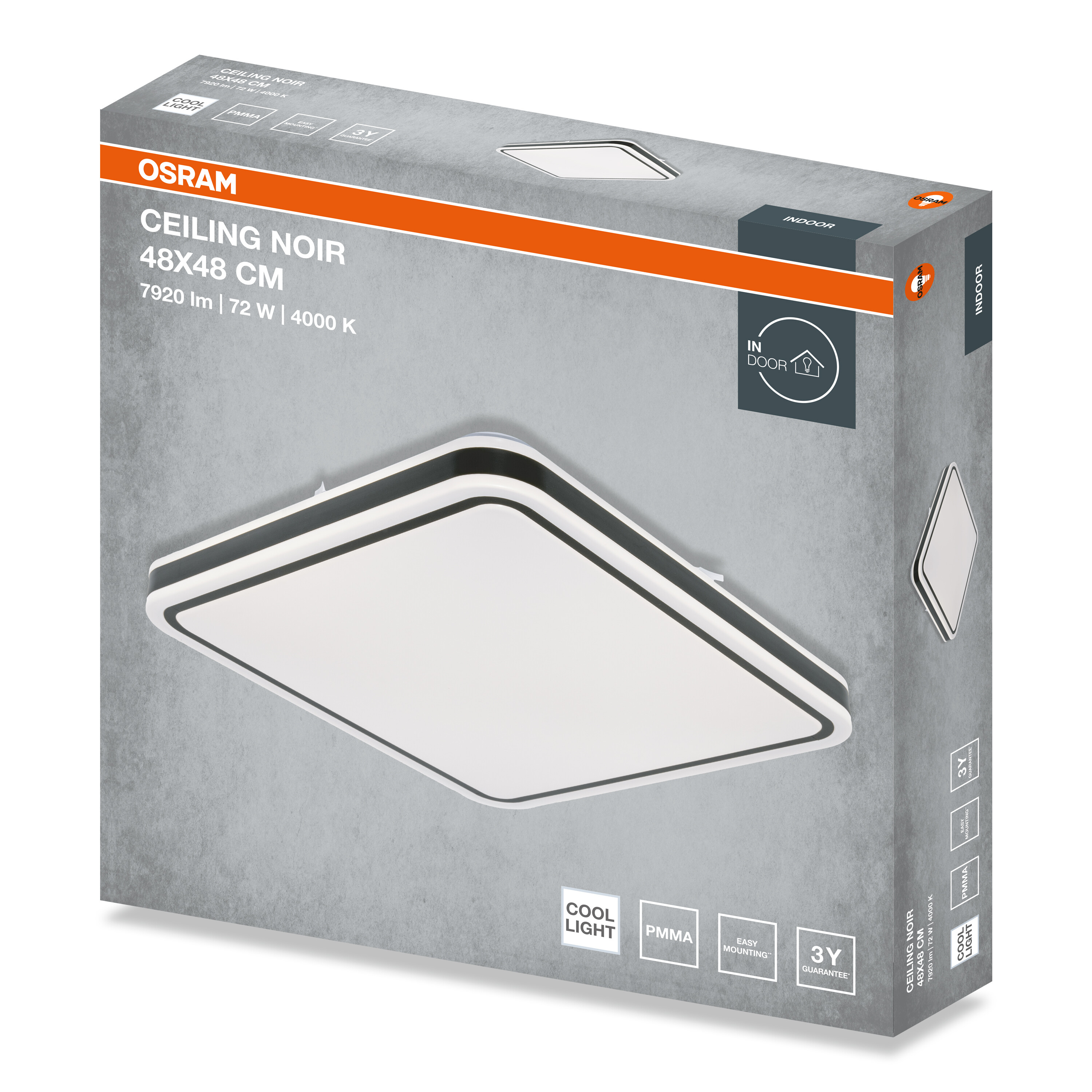 Osram Ceiling Noir LED mennyezeti lámpa csomagolása, 48x48 cm, termékképpel és adatokkal.