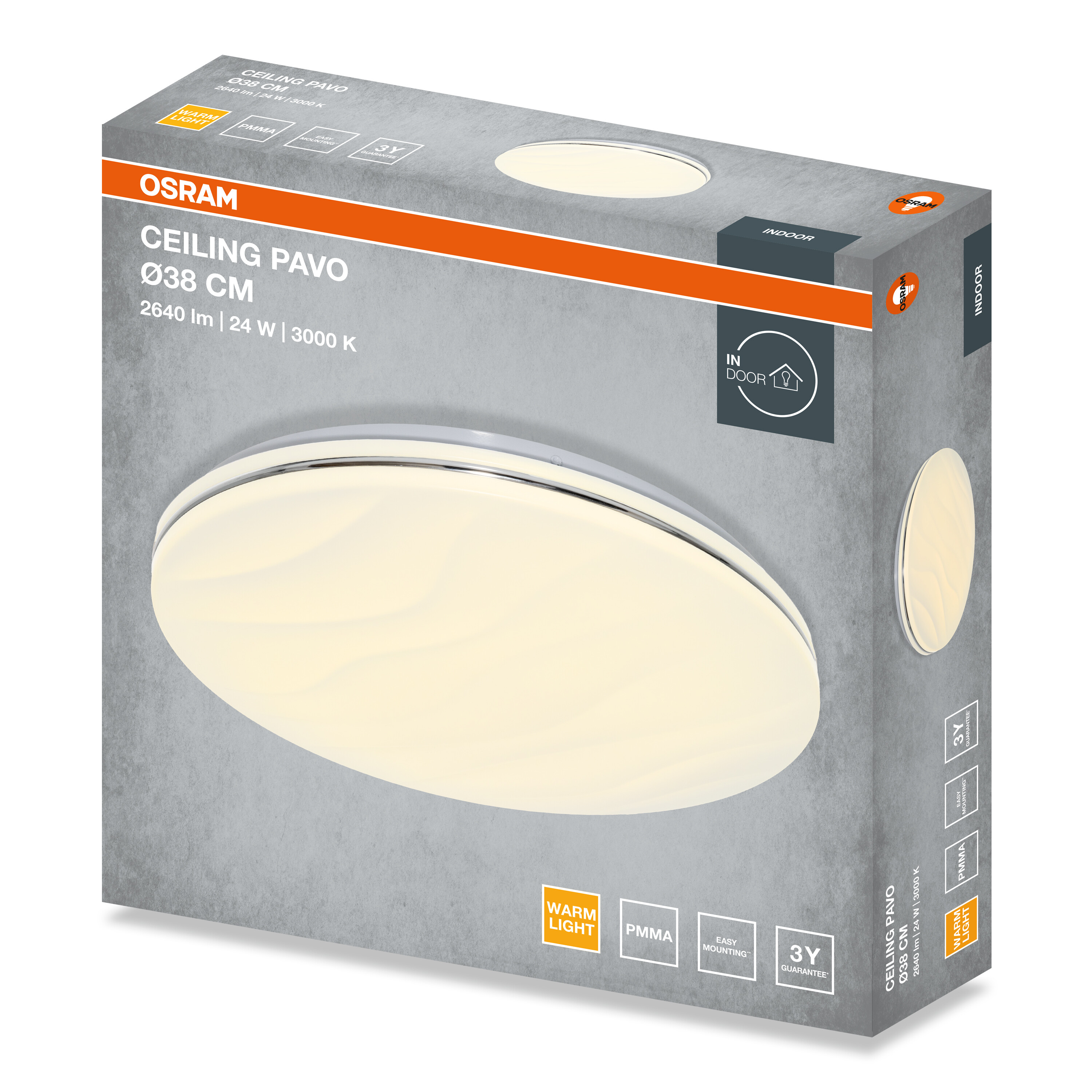 Az Osram Ceiling Pavo lámpa csomagolása specifikációkkal és termékképpel szürke háttér előtt.
