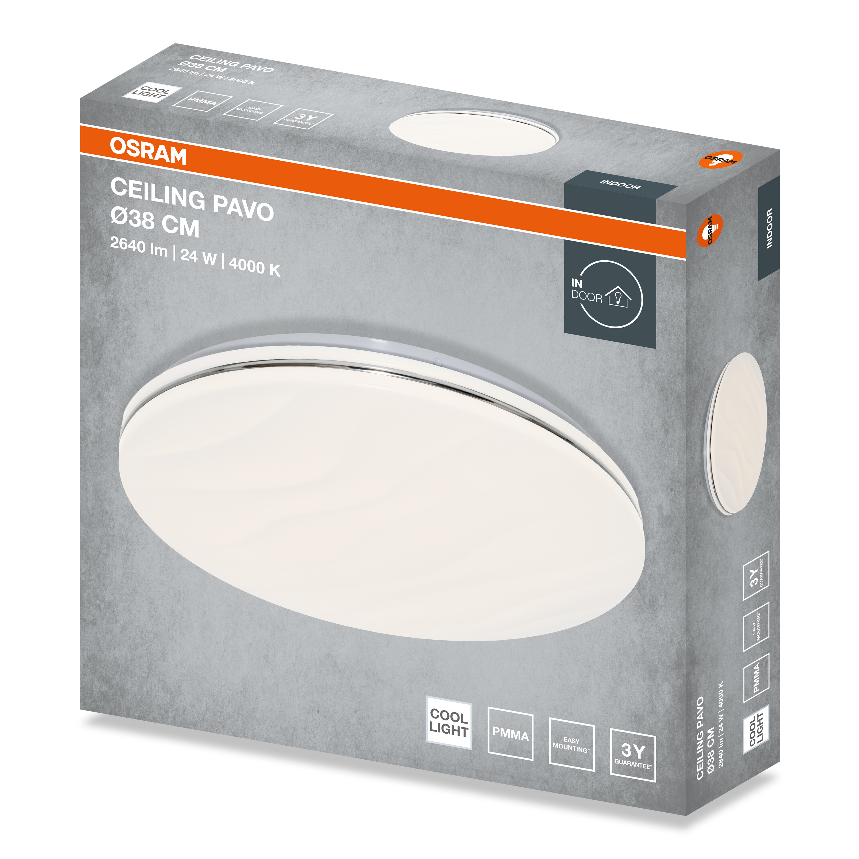 Osram Ceiling Pavo 038 cm LED-es fénydoboz fehér kerek lámpatesttel és műszaki adatokkal szürke háttéren.
