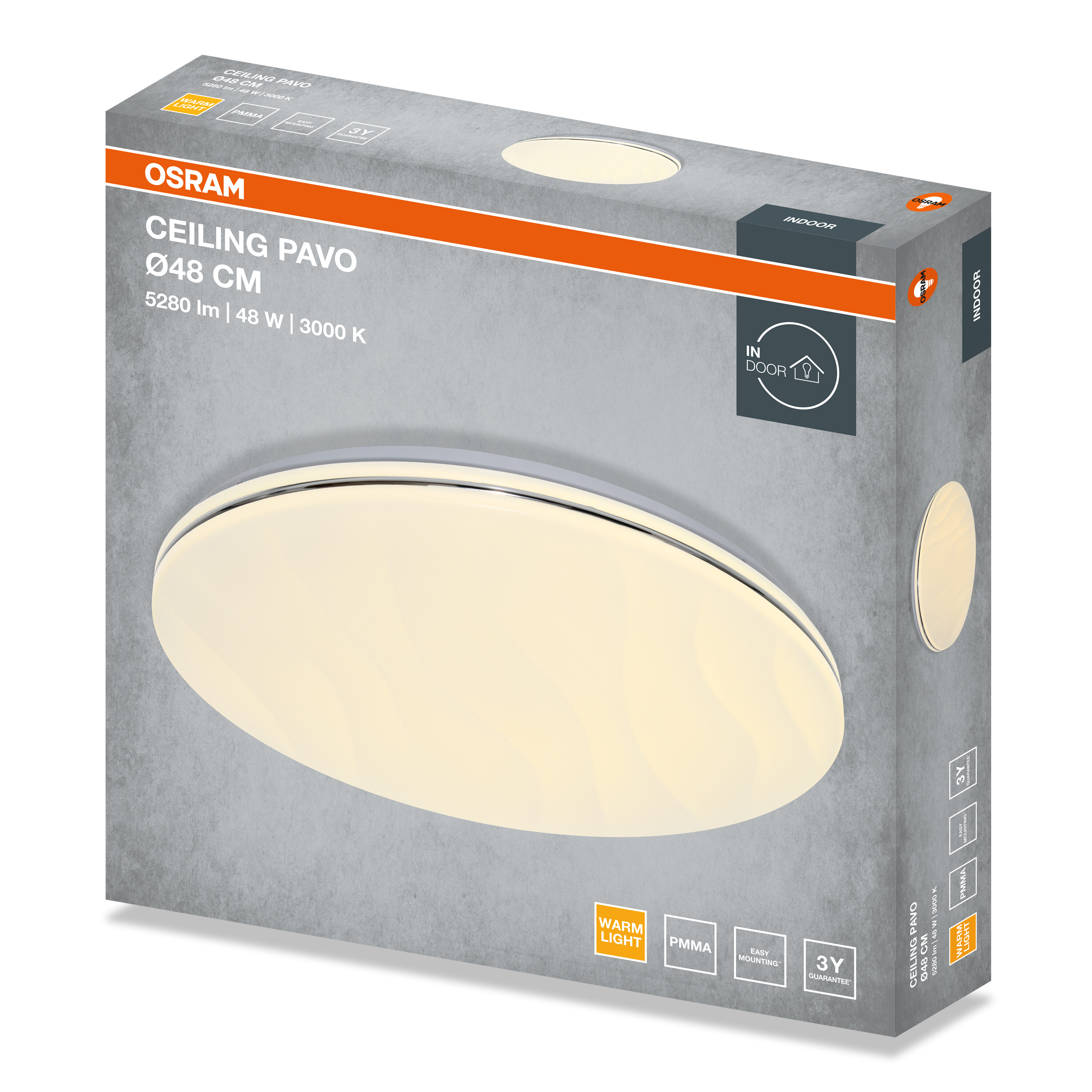 Osram Ceiling Pavo 48cm-es lámpadoboz meleg fehér LED részletekkel szürke háttéren.