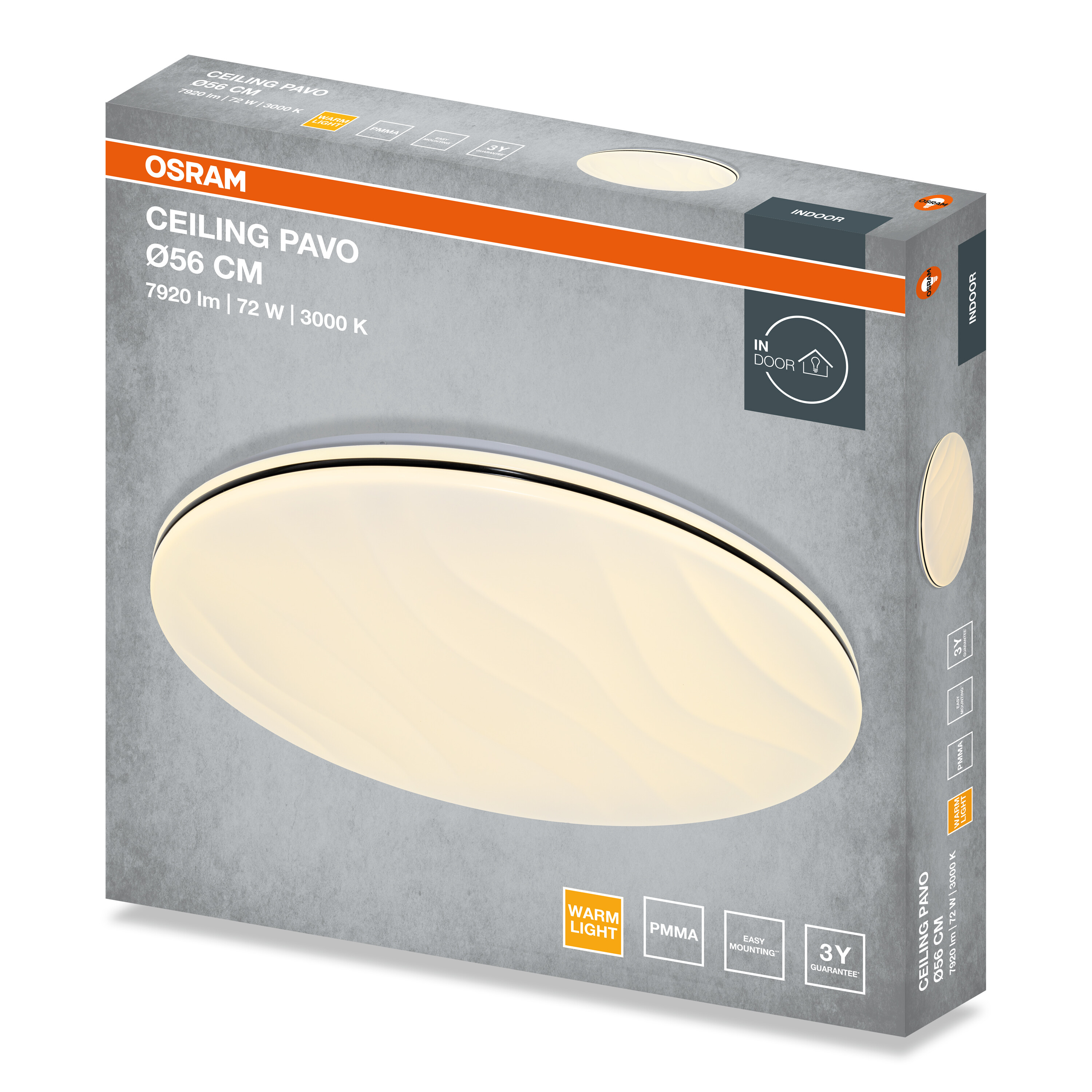 Az Osram Ceiling Pavo 56 cm-es mennyezeti lámpa csomagolása részletekkel.