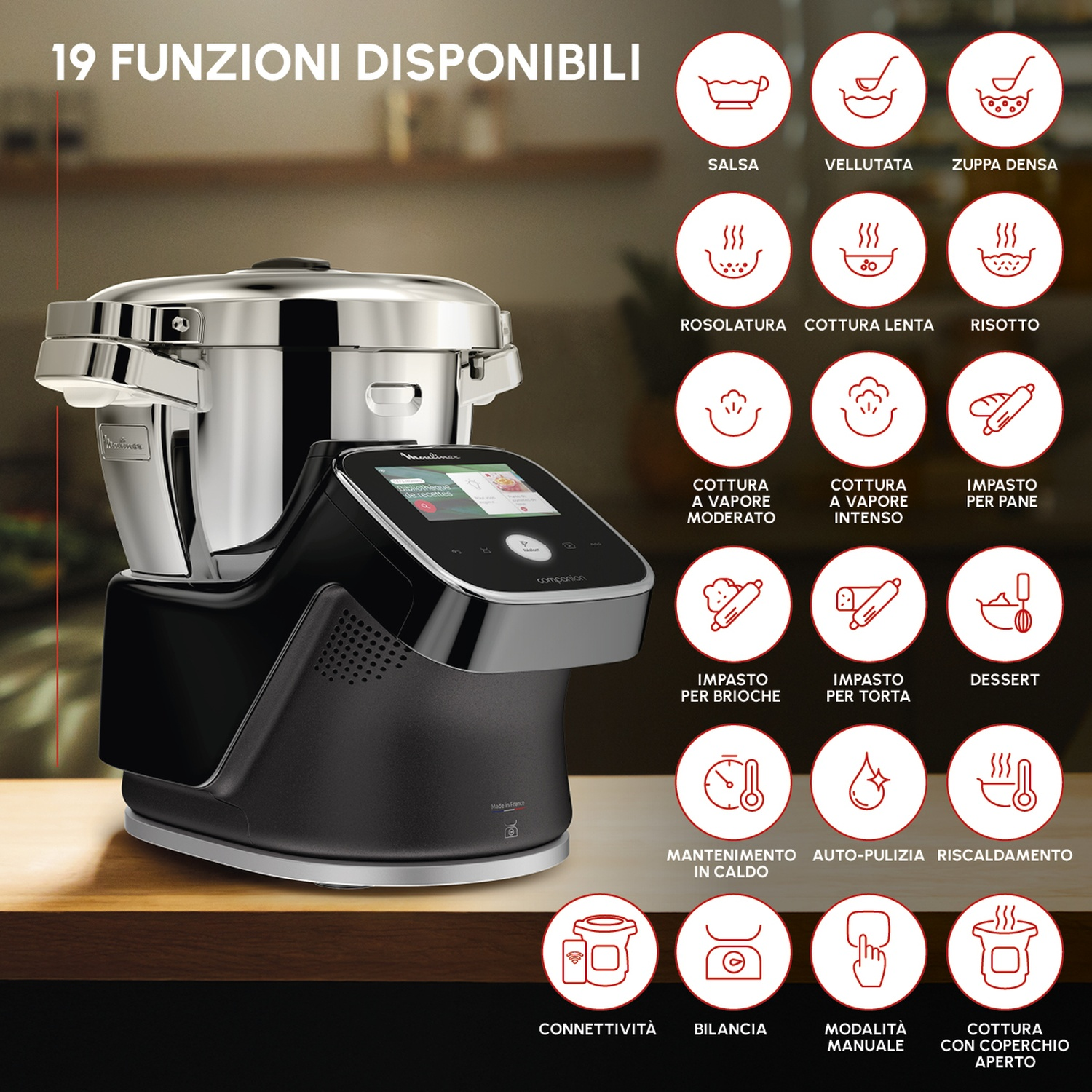 Robot da cucina Moulinex su tavolo in legno con icone delle funzioni.